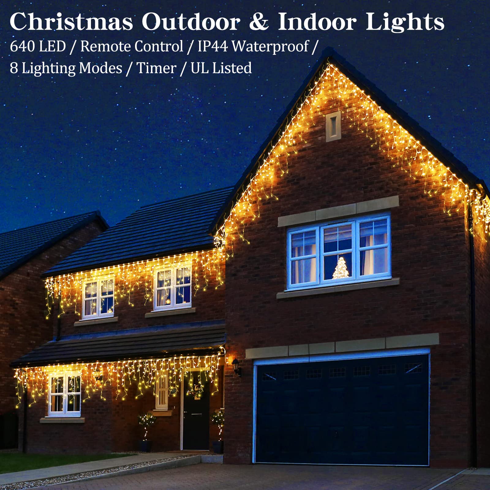 Christmas Icicle Lights Outdoor Decorations 640 Led 65.6 Ft Icicle String Lights With 120 Drops, 8 Modes Curtain Fairy Icicle Lights For Christmas Wedding Party Eaves Patio Yard (Warm White)