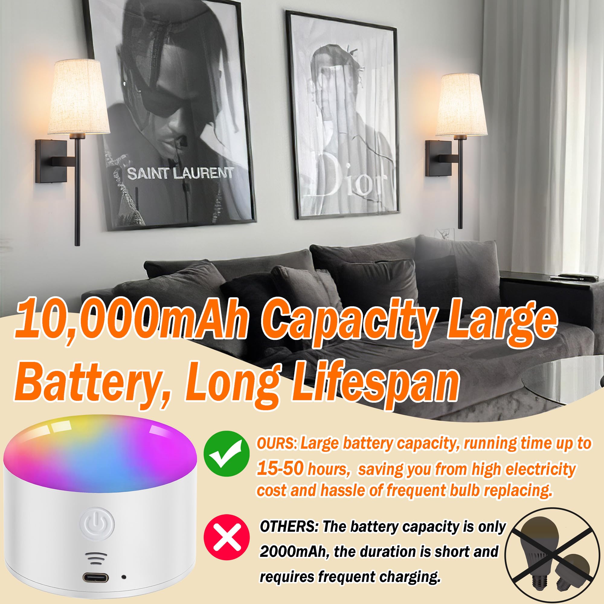 YHCDLAMP Battery Operated Wall Sconce Set of Two, Wireless with Remote Control, Dimmable, Black, Model 87b7ffdf-dfb9-47d2-a