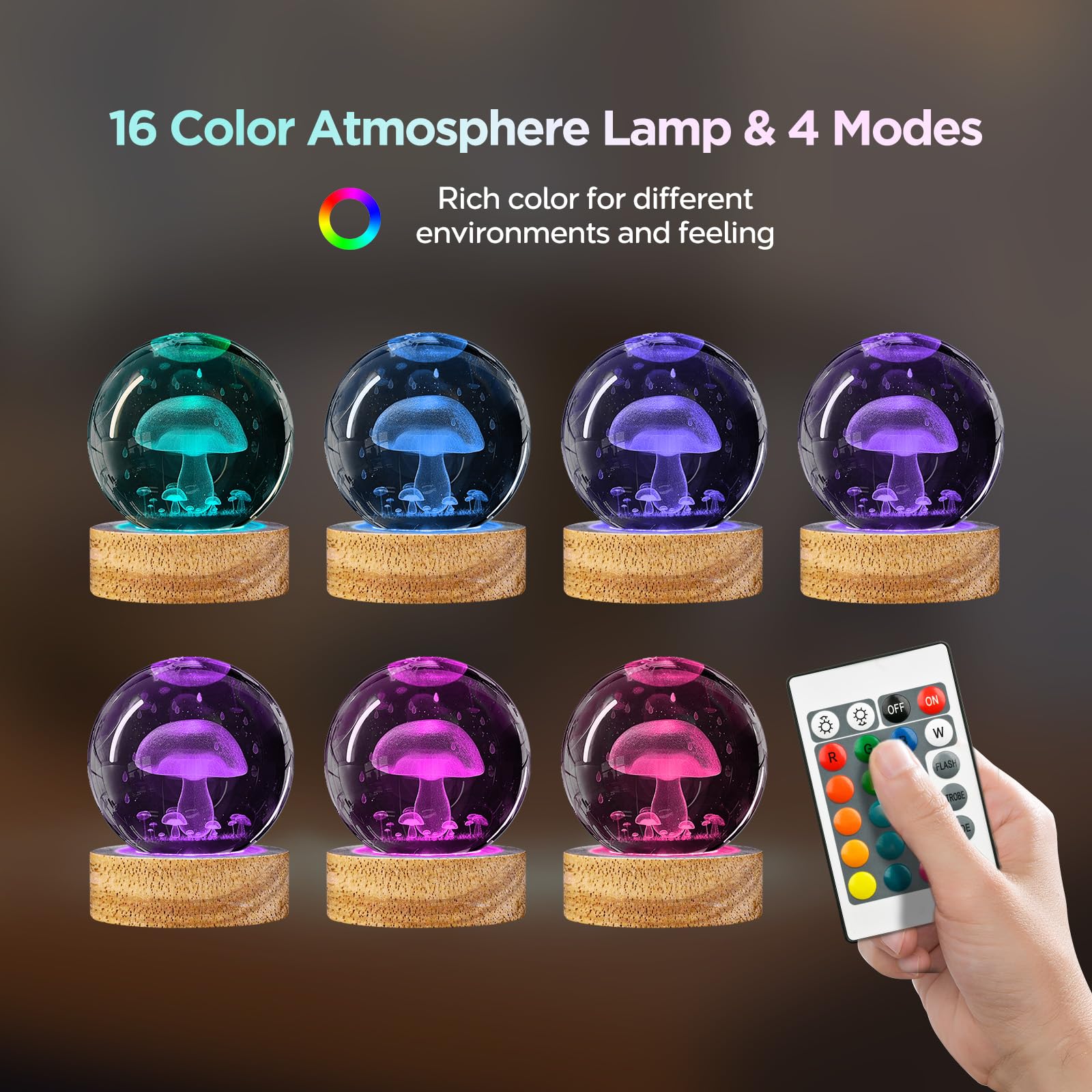 Dcoriuntg 3D Mushroom Crystal Ball Night Light With 16 Color, 60Mm Mushroom Glass Ball Lamps With Remote Unique Mushroom Room Ta