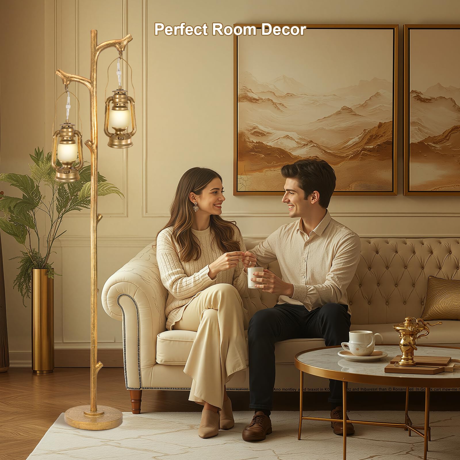 Scenekoy 68” Tall Gold Floor Lamp, Dimmable Resin Standing Light with Lanterns, Model SL034 for Modern Living Room & Bedroom Decor