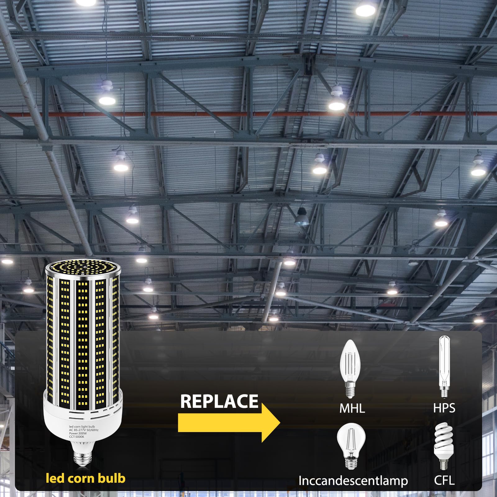 Yanycn 300W 2 Pack Led Corn Light Bulb,3000W Equivalent Commercial Grade 43500Lm Daylight 5000K E26/E39 Medium Mogul Base Led La