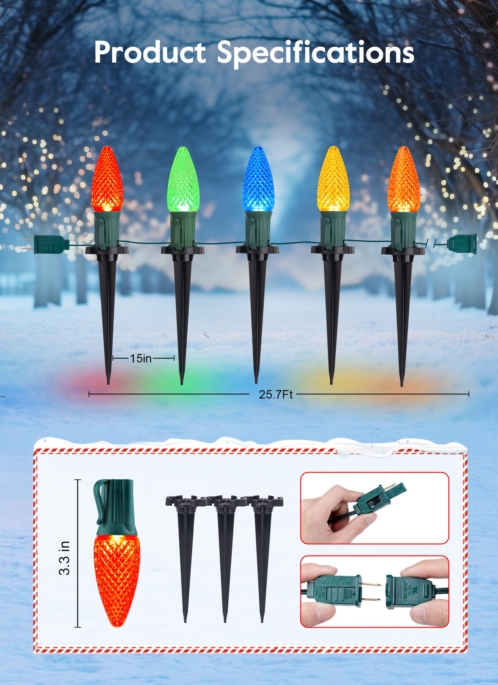 Brightown C9 Christmas Lights, 25.7 Ft, 20 LED Bulbs, Multicolor Strawberry, Outdoor Holiday Pathway Decorations, Model GY-C-50.6-U-B1