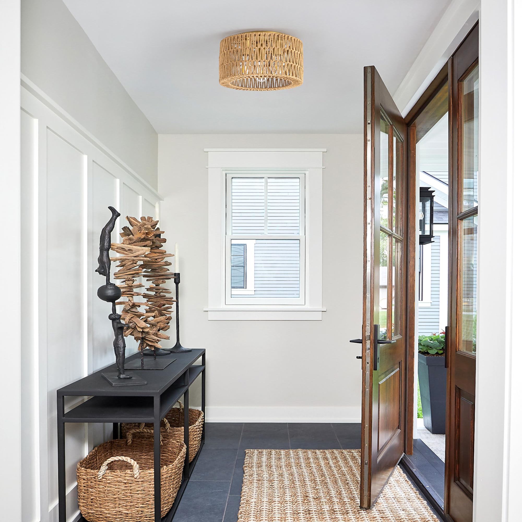 Rattan Ceiling Light Fixture, 3 Light Bohemian Modern Woven Ceiling Light, Boho Flush Mount Ceiling Light For Bedroom Living Roo