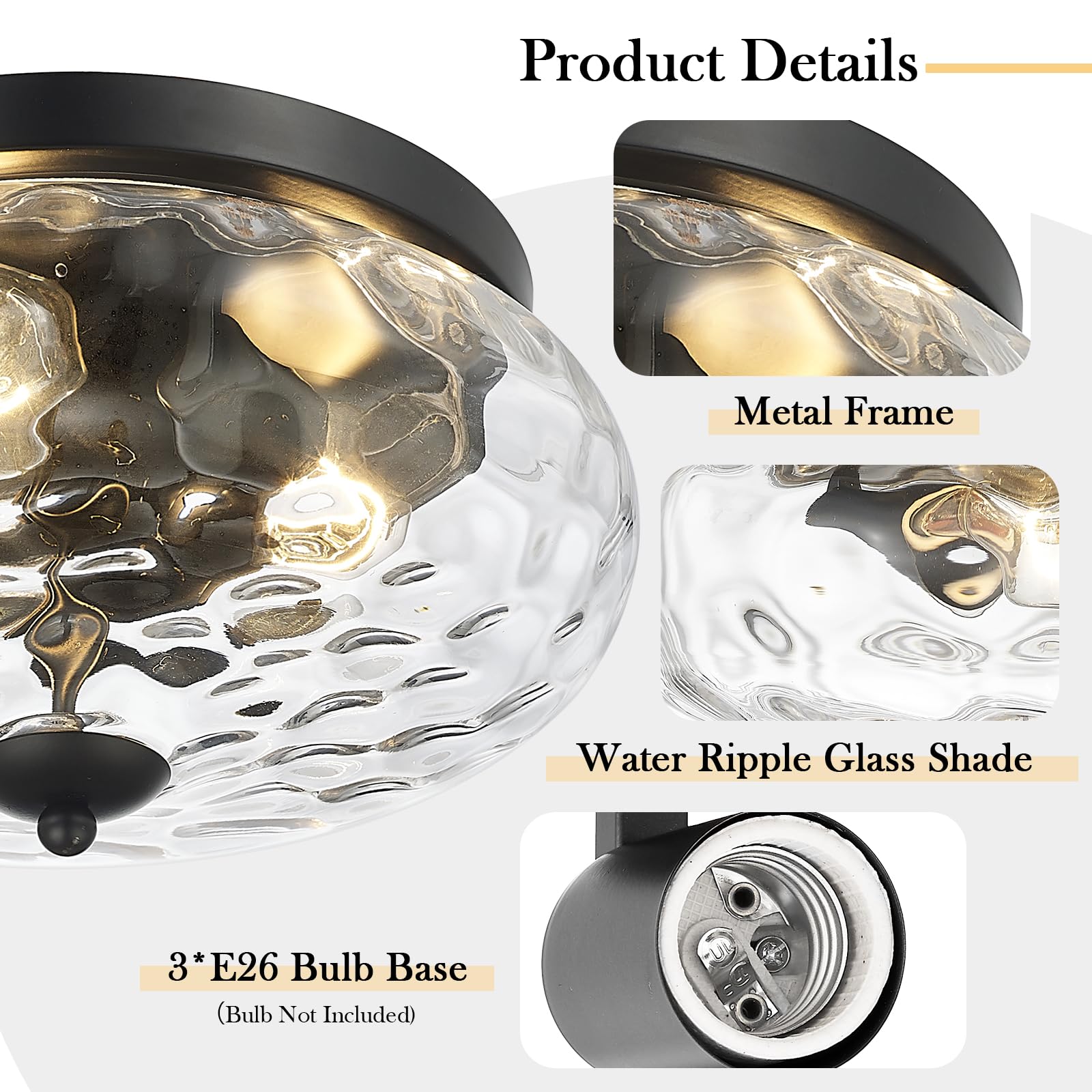 Darkaway Large Ceiling Light Fixtures, 3-Light Flush Mount Indoor Outdoor Ceiling Light With Water Ripple Glass Shade For Hallwa