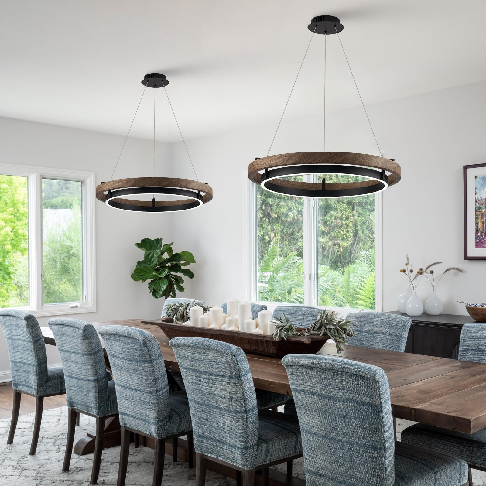 CaraLuxe LED Ring Chandelier, Dimmable 24in Black & Walnut Wood, Model CLP31B for Dining Room, Entry, Bedroom, Office, Living Room