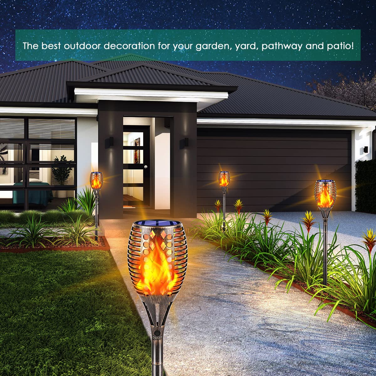 TomCare Solar Lights 96 LED Torches, Waterproof Flickering Flames, 43in Bronze, Model SZ-21008 (4 Pack)