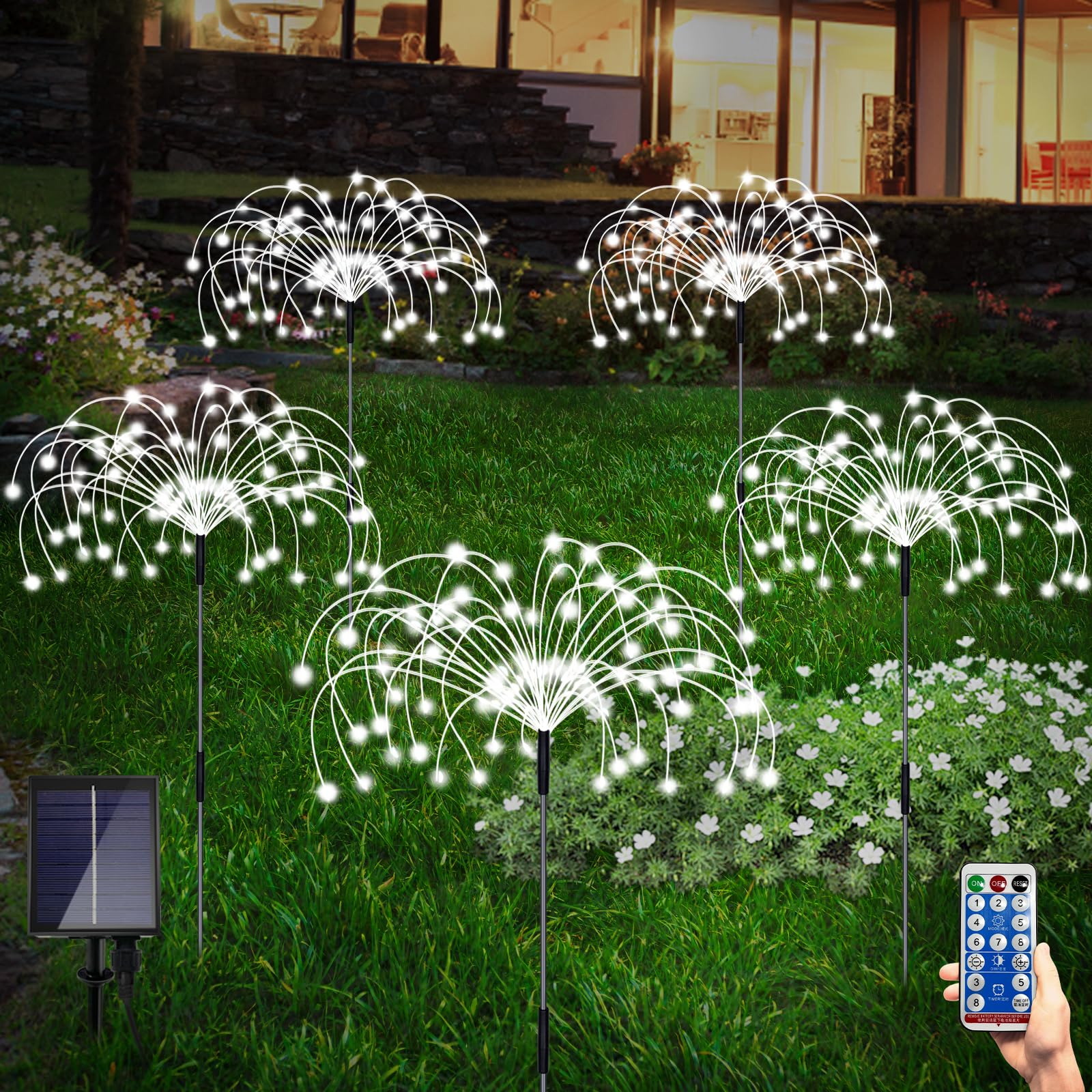 Solar Garden Lights Outdoor Fireworks Lights, 5 Pack Decorative Solar Lamps Waterproof String Lights DIY Fairy Stake Landscape Light 8 Modes with Remote for Lawn Backyard Patio Pathway(Cool White)