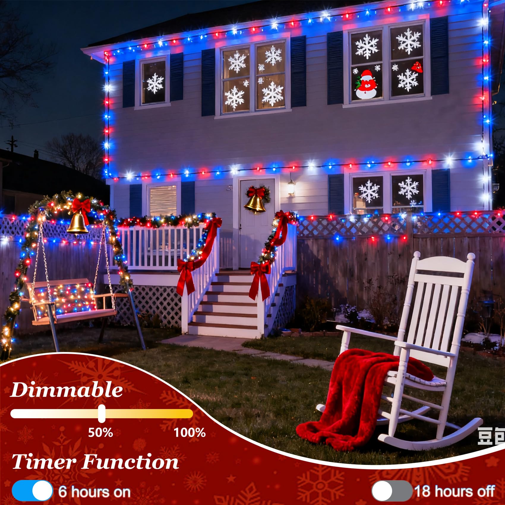 750 Led Christmas String Lights Outdoor  240Ft Twinkle Fairy Lights With Timer & Memory  12 Modes Dimmable Waterproof Tree Light For House Wedding Party Christmas Decororations  Red White & Blue