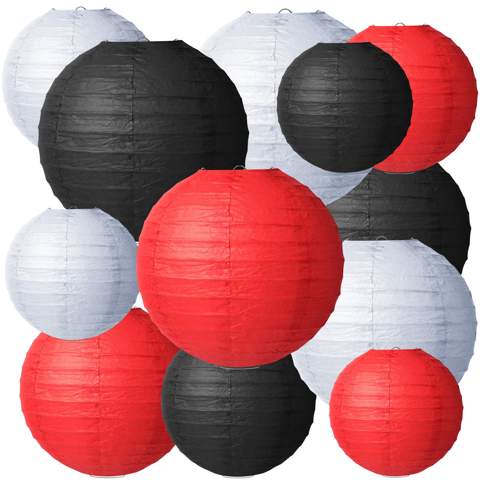 Tenare 12 Pcs Round Paper Lanterns - Black, White, Red - Decorative Hanging For Weddings & Parties
