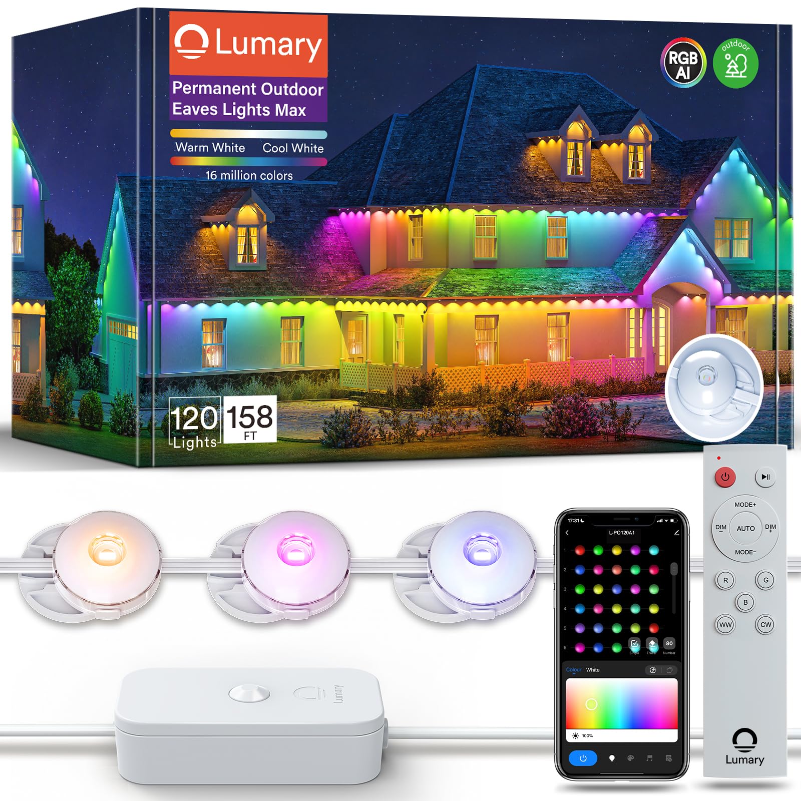 Lumary Outdoor Lights 158ft with 120 LED RGBICW, IP67 Waterproof, Works with Alexa & Google Assistant, Model L-PO120A1, White