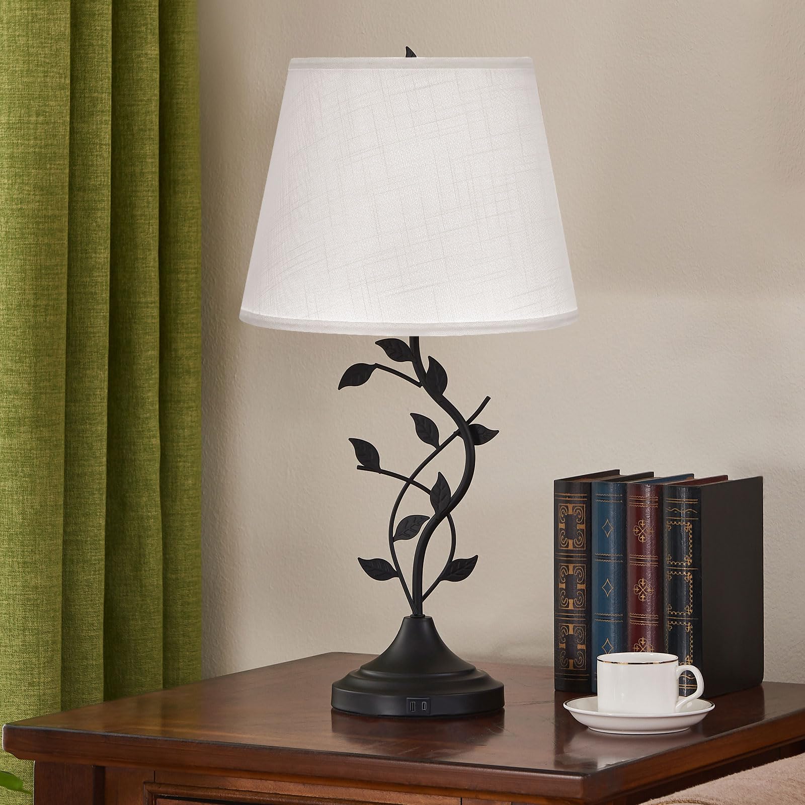 Kakanuo USB Table Lamp with USB C Charging Ports, White Linen Shade, Black Base, Retro Design for Bedroom and Living Room