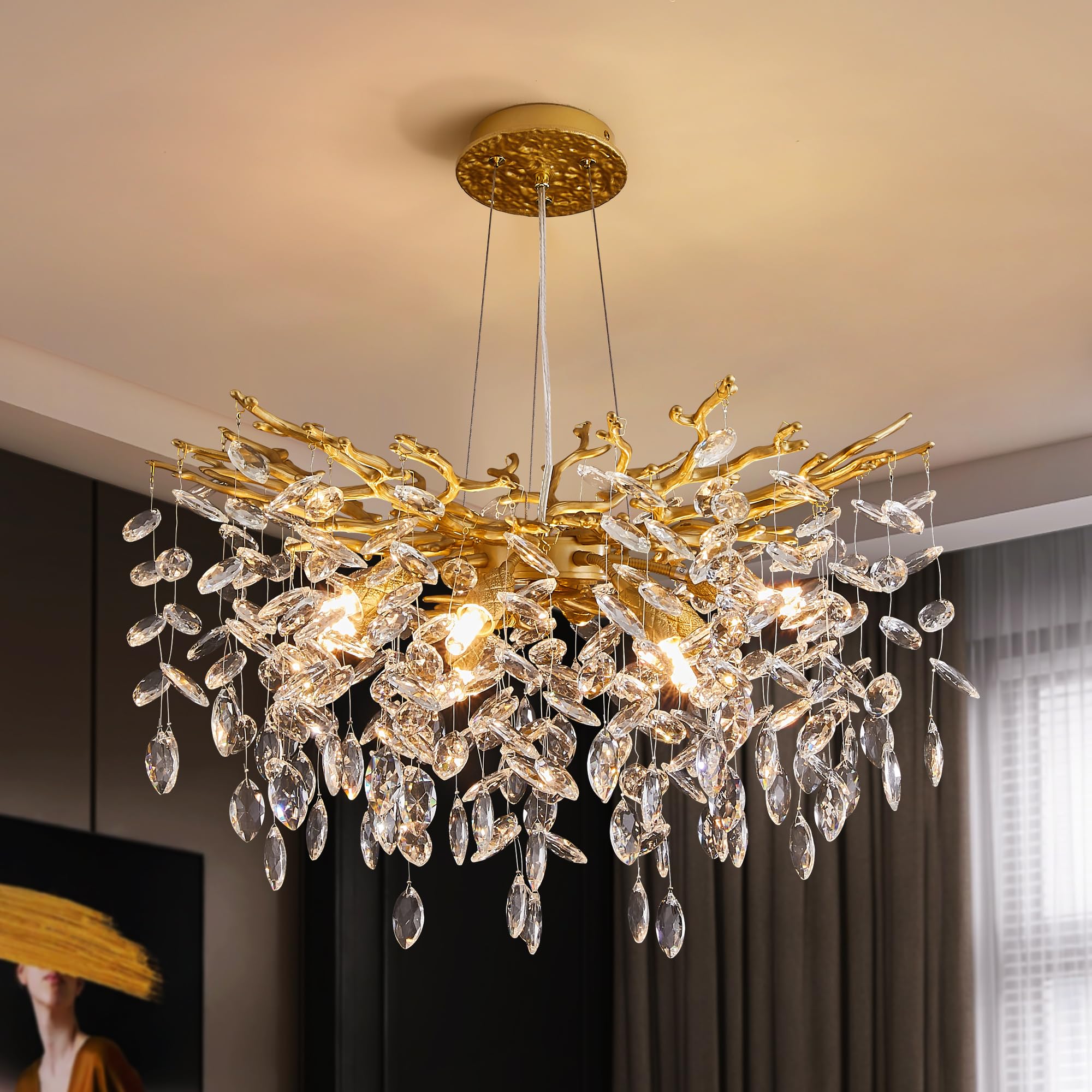 Modern Tree Branch Crystal Chandelier Luxury Gold Crystal Pendant Lighting 23.6'' Contemporary 8-Light Chandeliers for Dining Ro