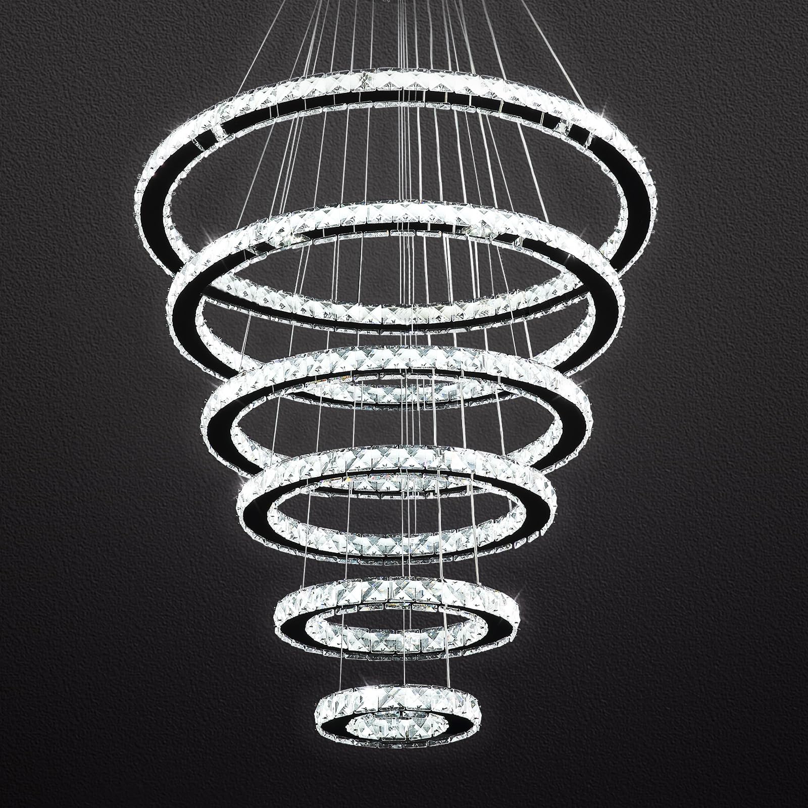 Siljoy Modern Crystal Chandelier, 6 Ring LED Ceiling Light Fixture, Stainless Steel, Model HLP168-234567, for High Ceilings, 28in