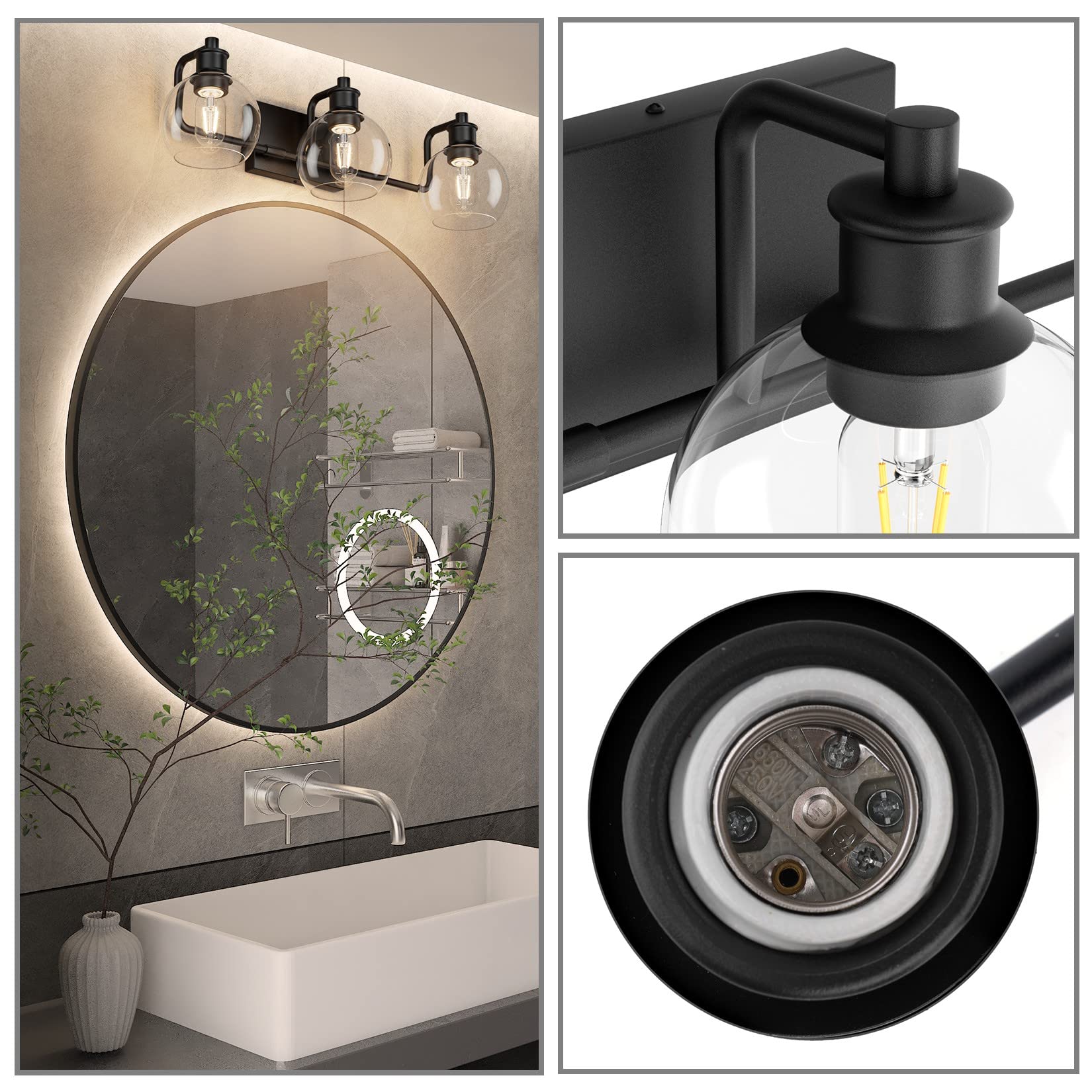Tipace Black Vintage Bathroom Vanity Light Fixture, 3-Light Industrial Design, Metal, Model L-7493-1, Excludes Bulb