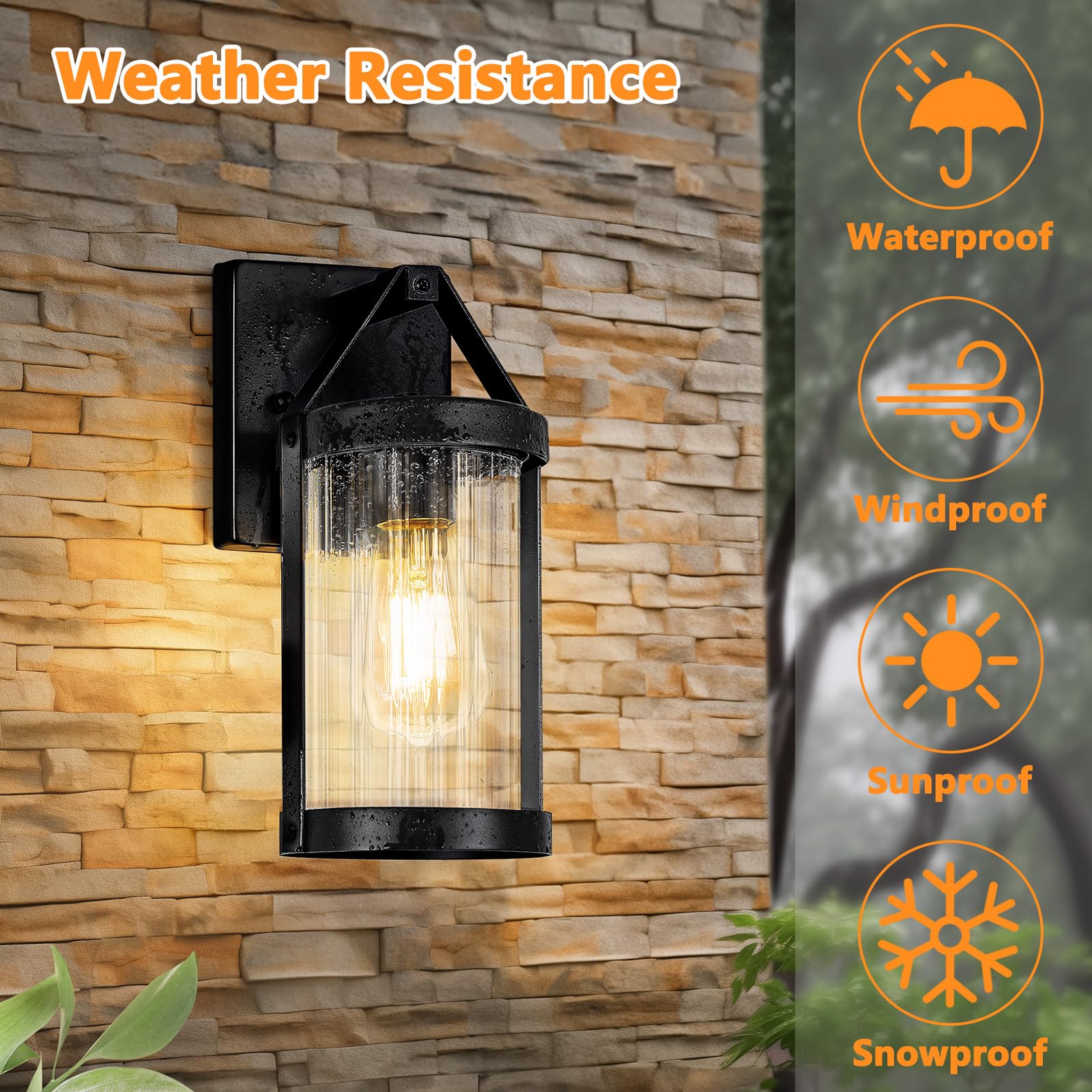 Brightever Outdoor Wall Light Fixtures, Waterproof Black Sconce, 2-Pack, Clear Glass