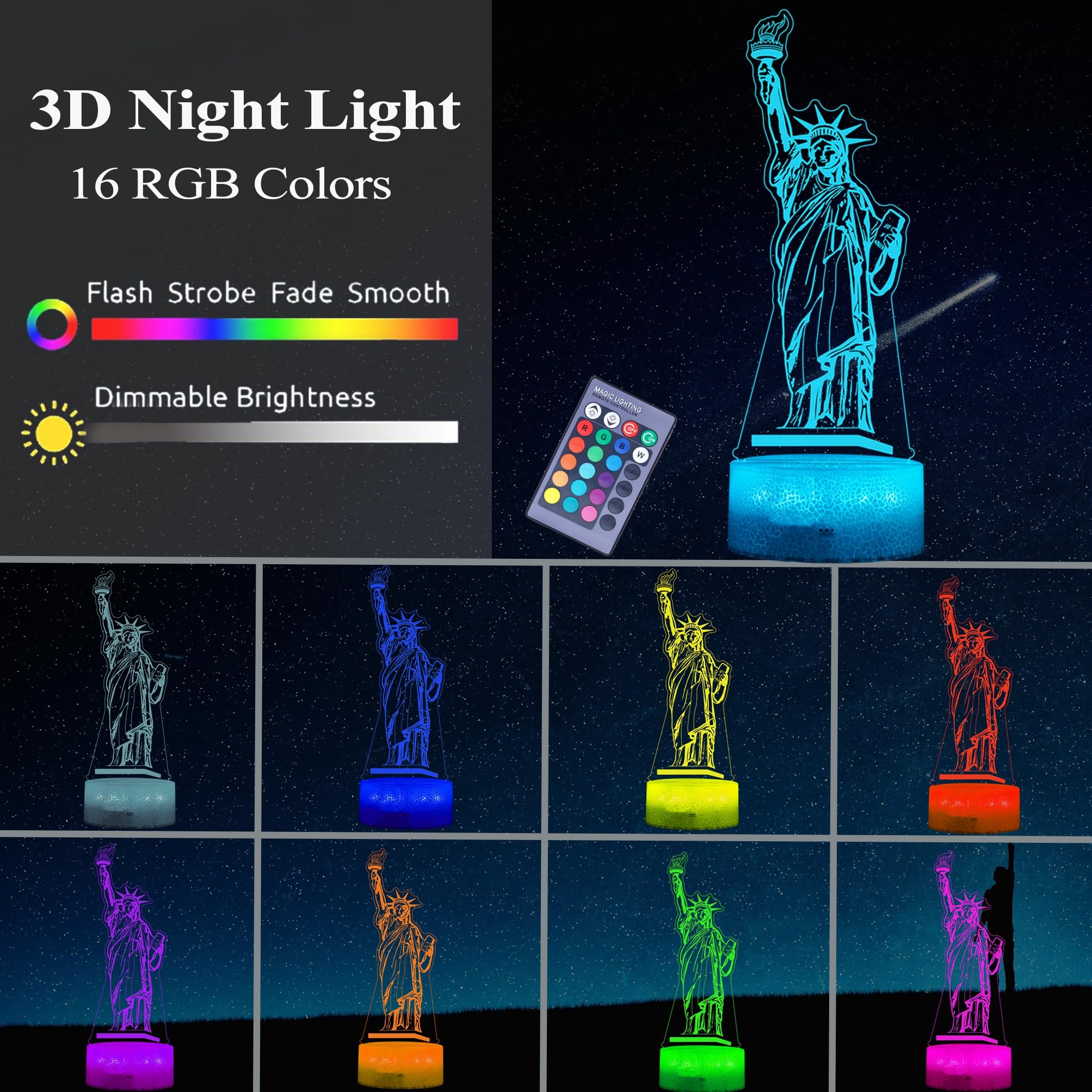 POSSHE 3D Statue of Liberty Night Light Lamp, 16 Colors, Remote & Dimmable, Kids Room Decor, Model MY-3D LAMP-CRACK