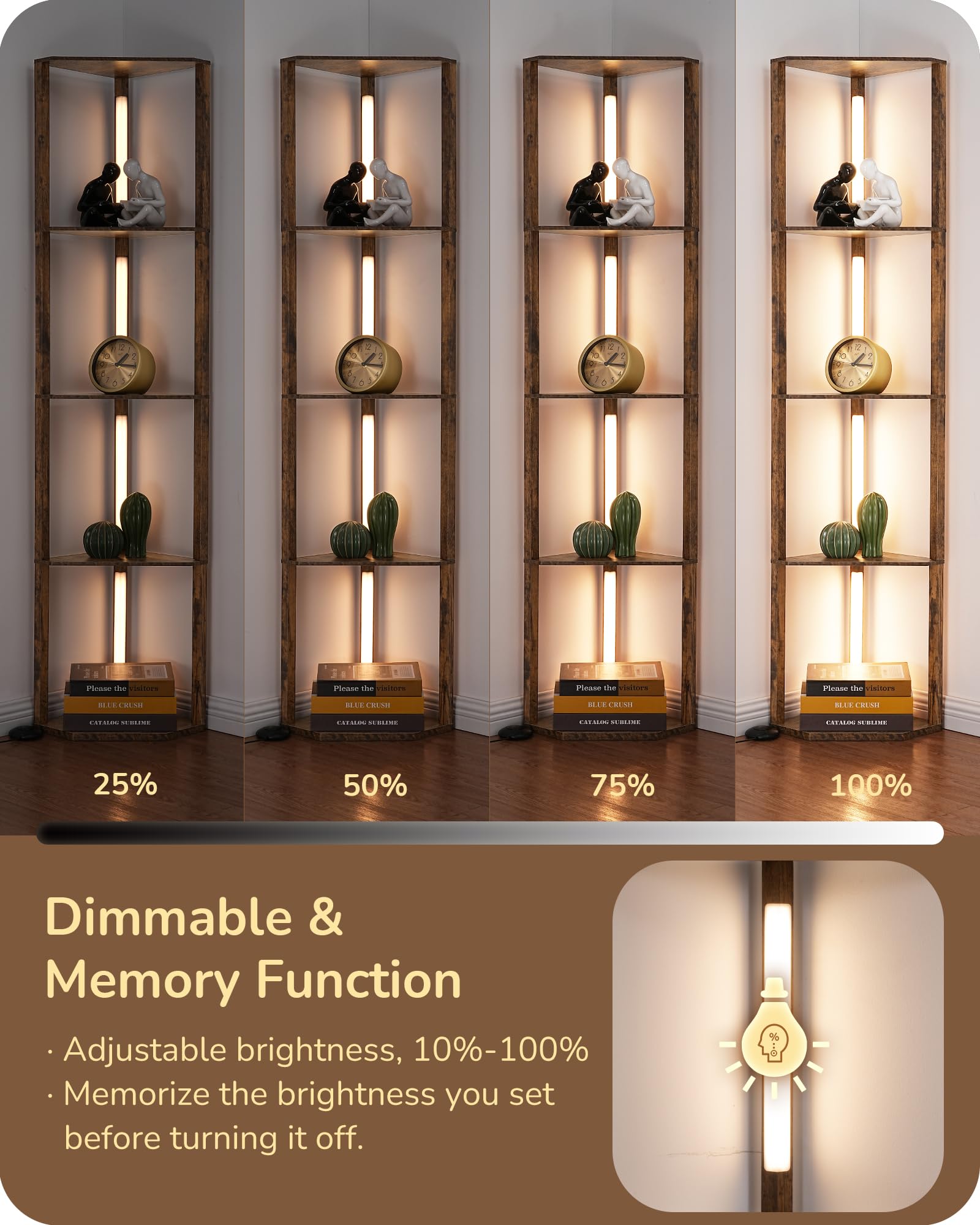 EDISHINE 64in Corner Shelf Floor Lamp, Modern LED Light, 3CCT Stepless Dimmable, Burlywood, Model HFLHA1A