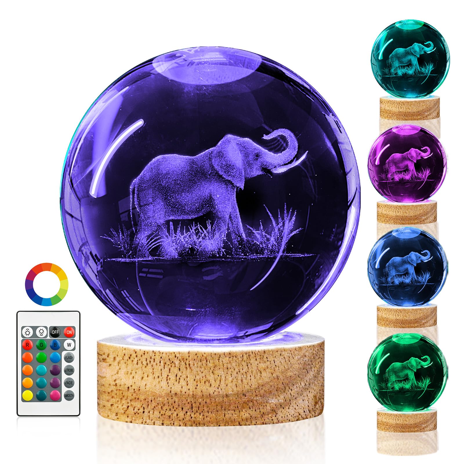 Dcoriuntg 3D Elephant Crystal Ball Night Light Elephant Gifts For Women 3.15 In Figurine Glass Ball Lamp With 16 Color  Home Room Decor Birthday Christmas Gifts For Boy Girl (Upgraded)