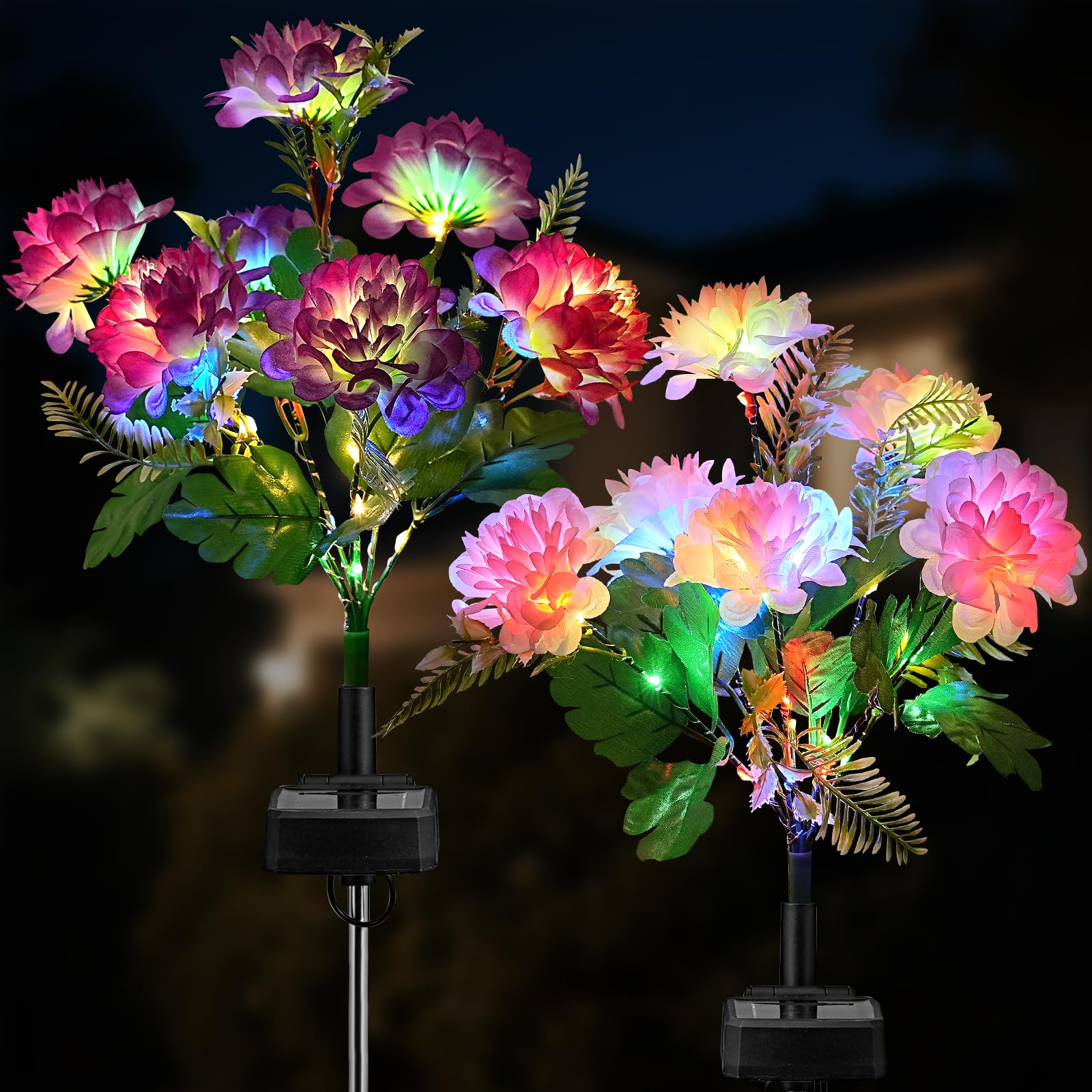 2 Pack Solar Garden Lights Outdoor, LED Colorful Waterproof Solar Powered Chrysanthemum Flowers Landscape Lights for Patio, Outs