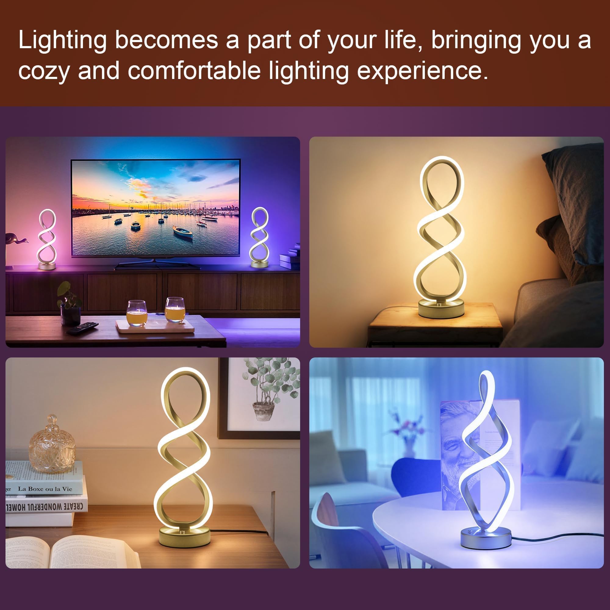 Adebime Modern RGB Table Lamp - Touch Dimmable, 10 Light Modes, Double Spiral 15.7", Gold-Spiral RGB