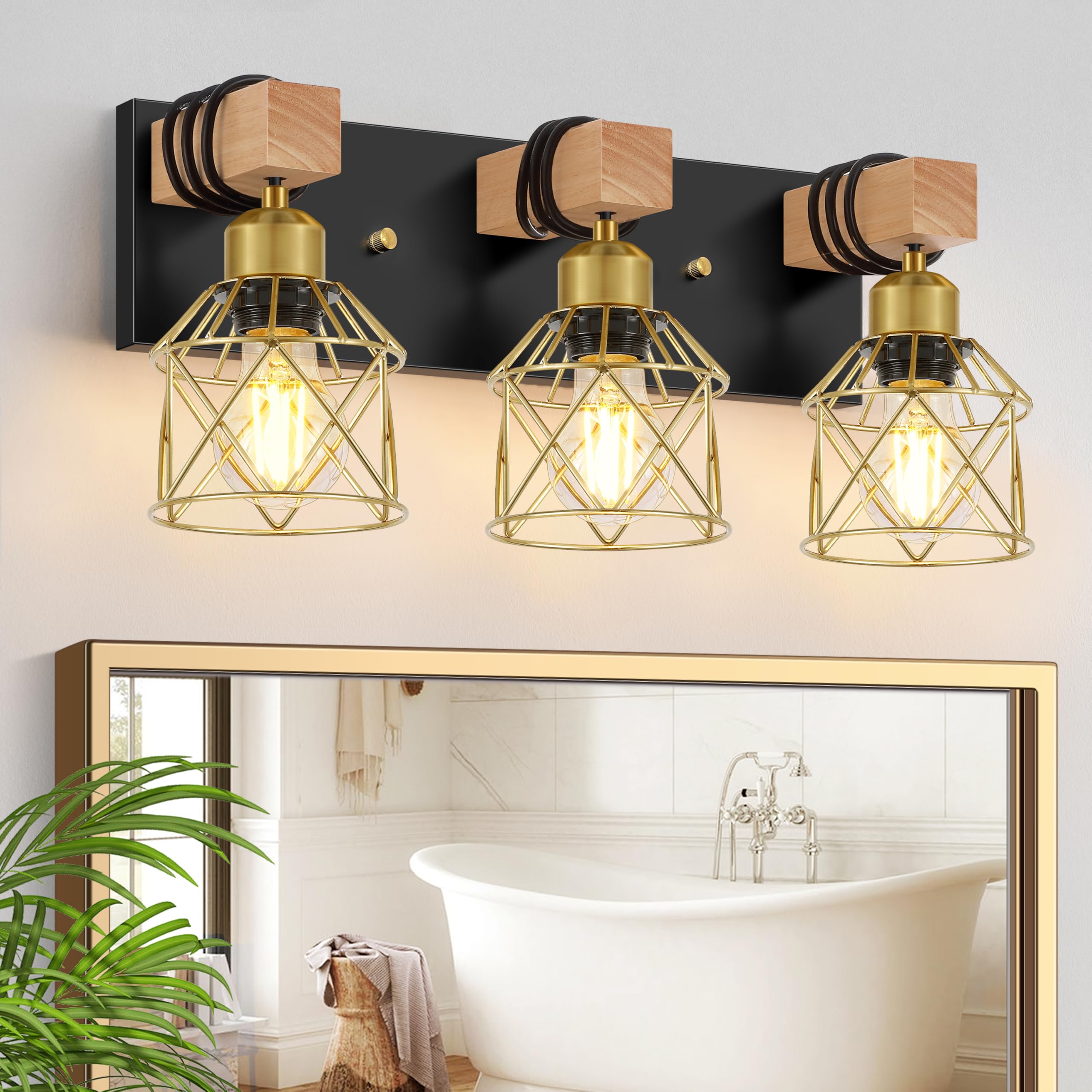 FadimiKoo Black and Gold Vanity Light  3-Light Farmhouse Vanity Light  Bathroom Light Fixtures Over Mirror  Industrial Indoor Wall Mounted lamp for Bathroom  Living Room  Cabinet  Bedroom