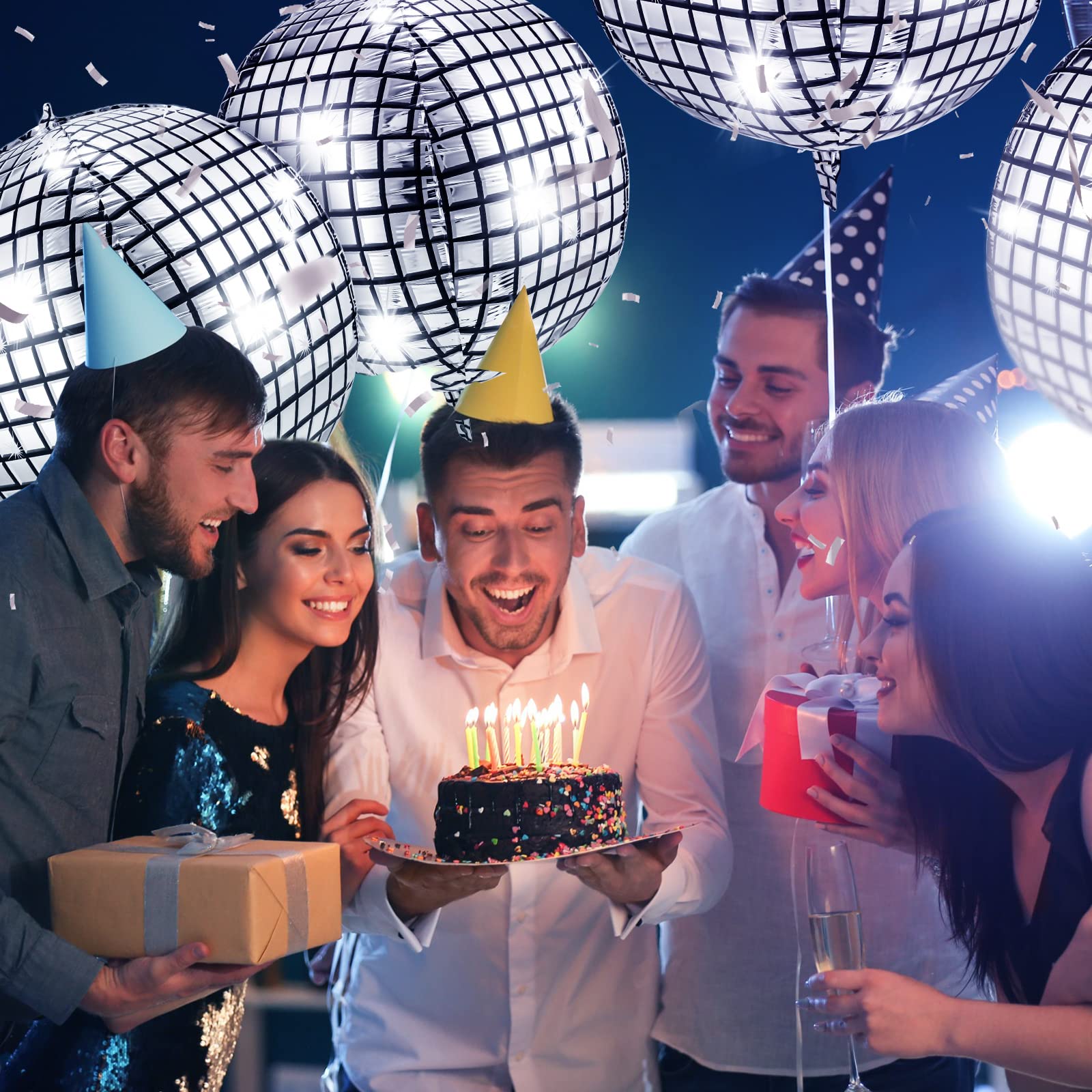 Leitee 6 Pcs 32 Inch Big Disco Ball Balloon 70S Disco Balloons Party Decoration Large 4D Aluminum Foil Inflatable Ball Giant Silver Metallic Mirror Decor For Birthday Wedding Dance Party Baby Shower