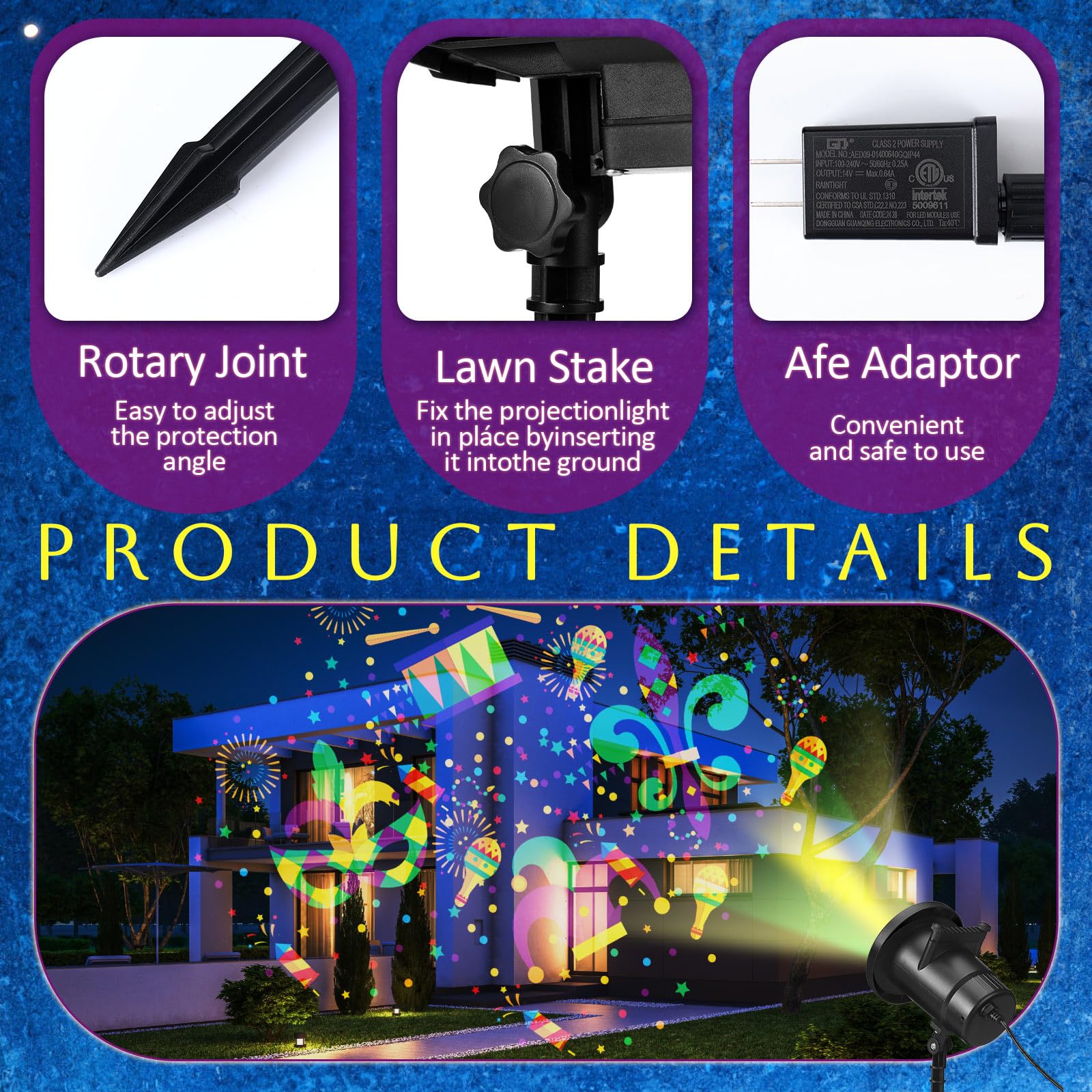 Lingvee Holiday Projector Light - Waterproof LED Outdoor Lamp with 1 Film, Black Body, 4 Style Slides for Parties (Mardi Gras)
