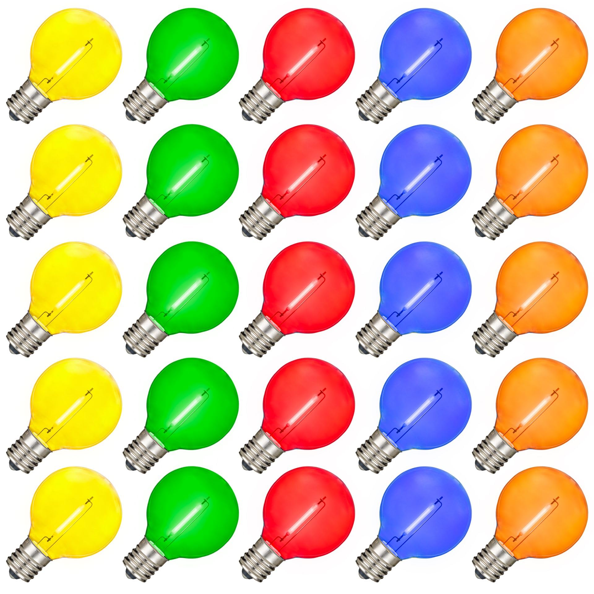 Novelty Lights 25 Pack Multicolor G40 Led Filament String Light Bulbs  E12/C7 Candelabra Base  5 Watt Equivalent  Shatterproof Replacement Bulbs For Patios  Canopy Lighting