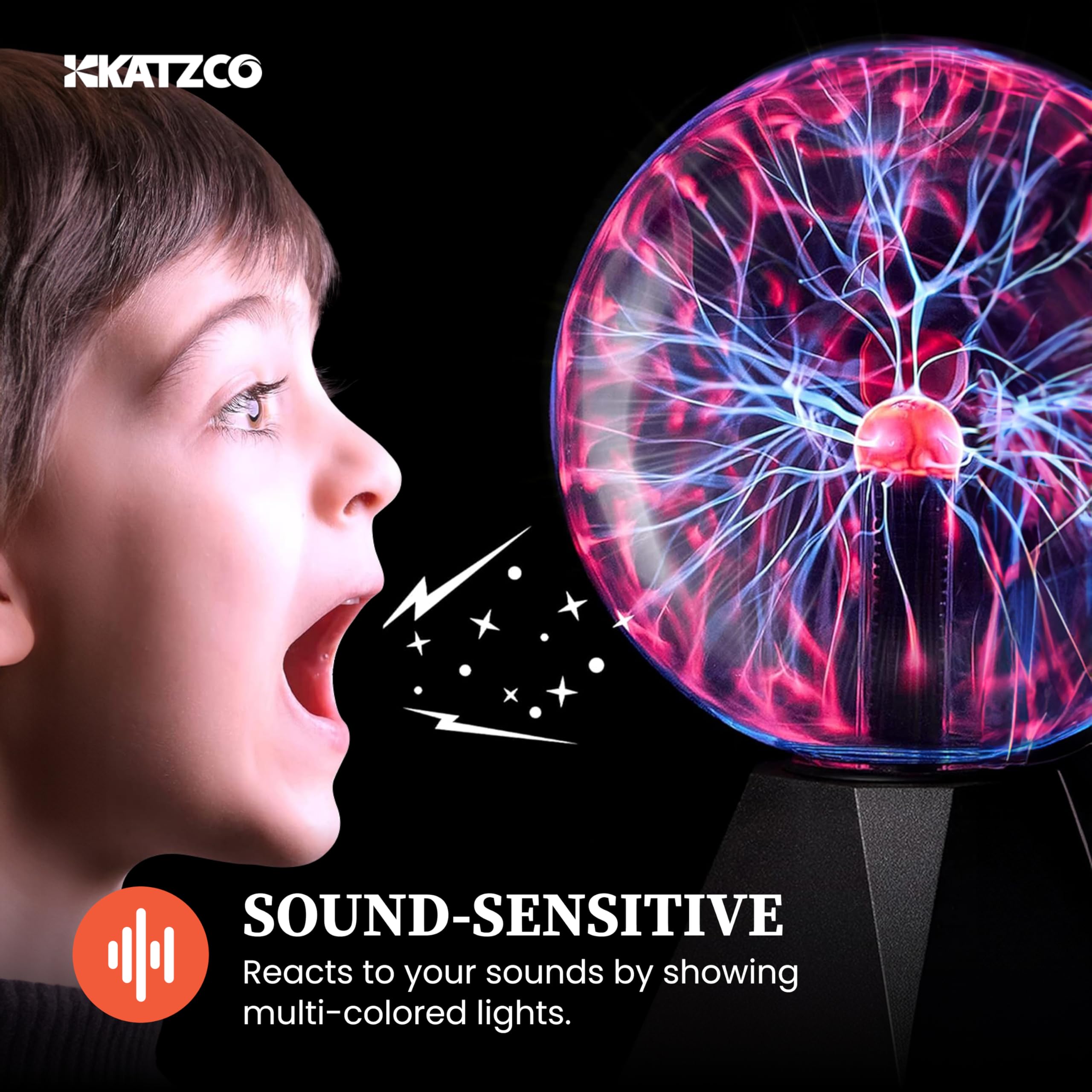 Katzco 7.5-Inch Orange Interactive Plasma Ball - Nebula Sphere, Thunder Lightning, Plug-in - Touch and Sound Sensitive Plasma Gl