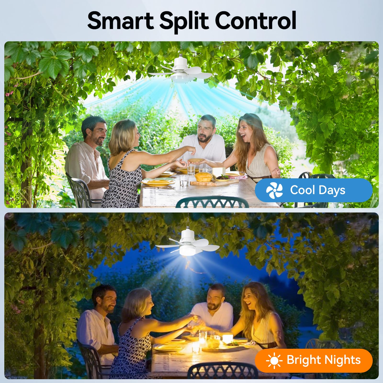 Solar Powered Ceiling Fan with Light, Dual USB-C/Solar Charging, 18.5 Quiet Outdoor Hanging Fan Light with Timer, 3 Speed/3CCT,