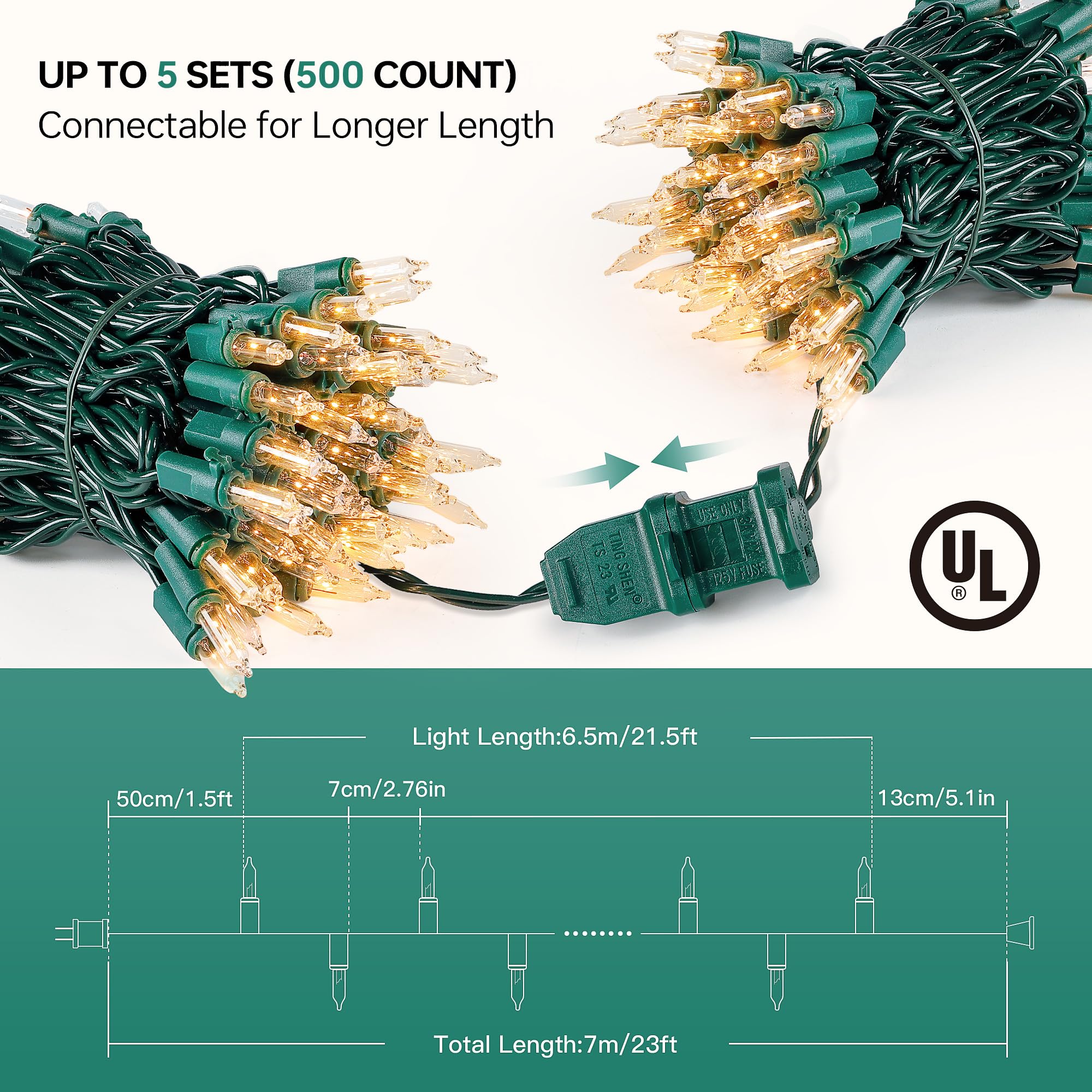 Youngar Christmas Lights, Clear Outdoor Lights,2 Pack 23Ft 100 Green Wire Lights Connectable Incandescent Mini Light,Ul Approved