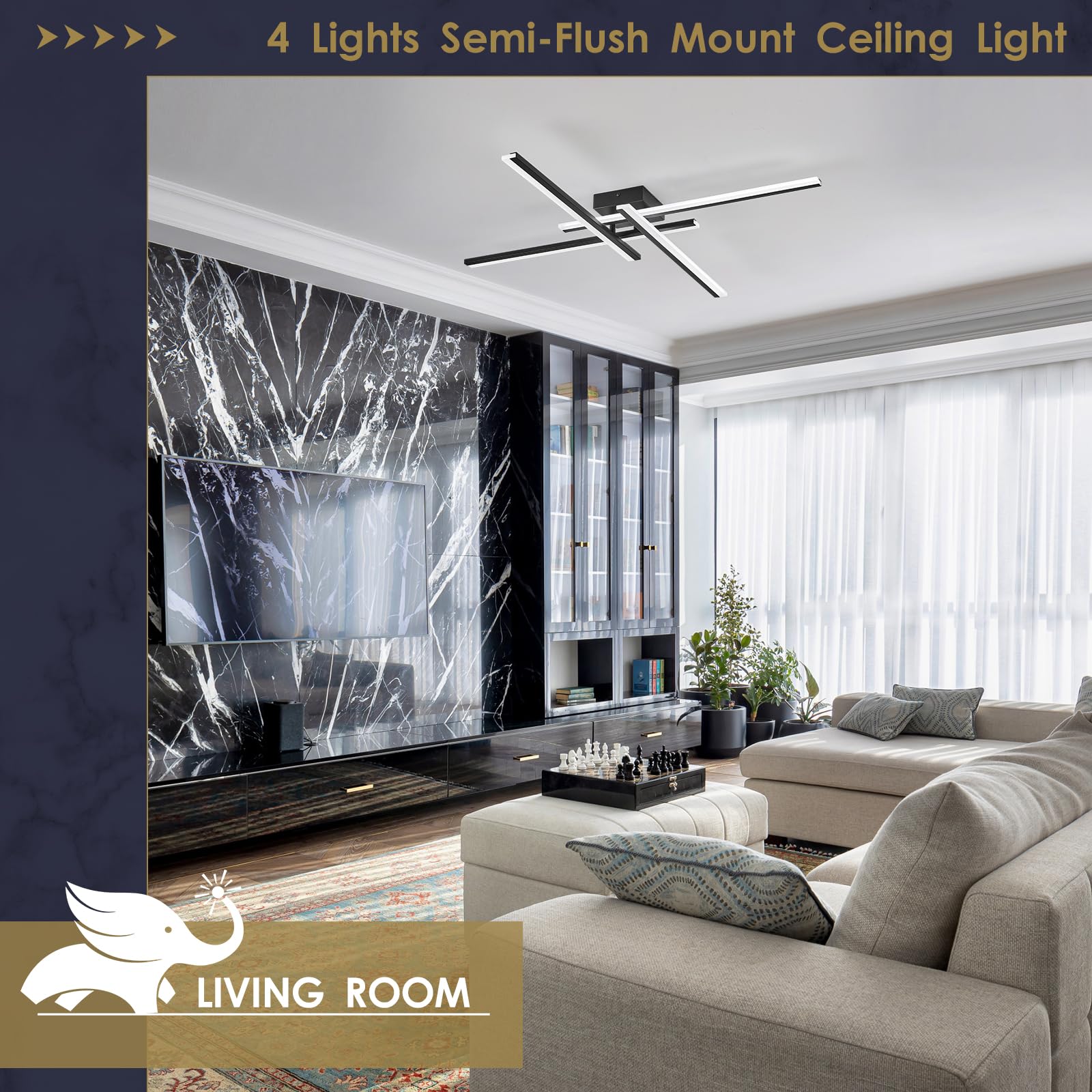 Airyphant Modern Led Chandelier 4-Lights Semi-Flush Mount Ceiling Lighting Fixture 35.4  Dimmable Remote Control Ceiling Light For Living Room Bedroom Kitchen Foyer 40W