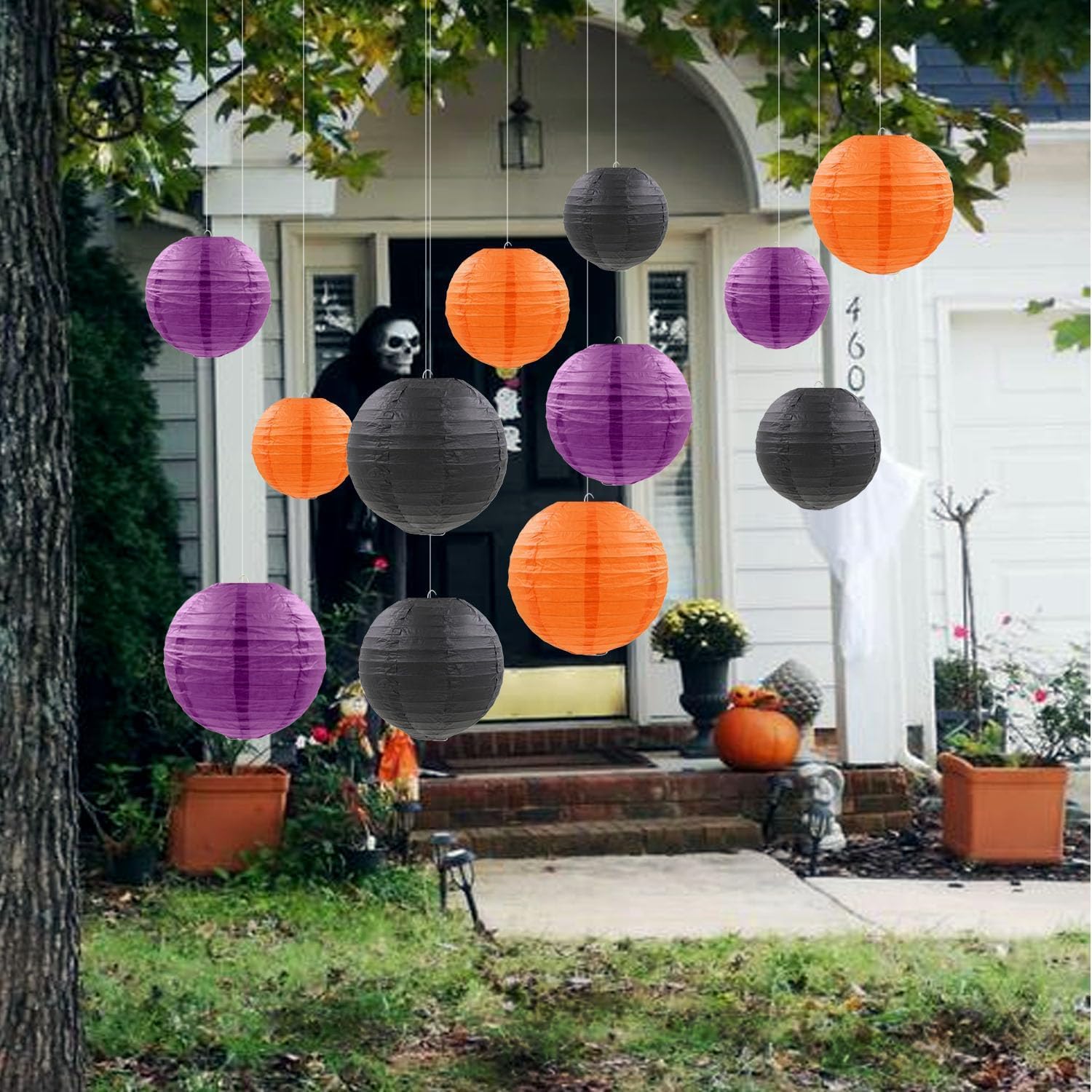 Capesaro Orange Purple Black Paper Lanterns Decorative 12Pcs Halloween Hanging Decorations For Graduation Thanksgiving Birthday Party Decorations