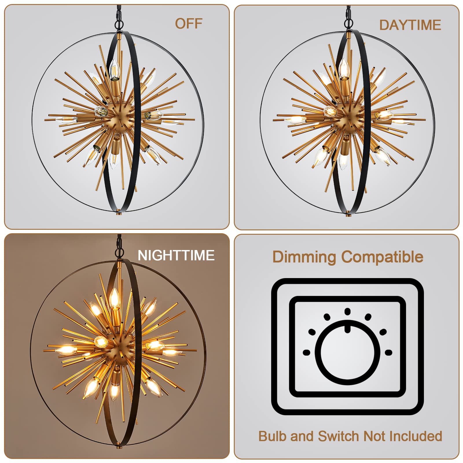 Tacdandm 23.2'' Black Gold 12-Light Globe Sputnik Chandelier Modern Industrial Adjustable Hanging Ceiling Firework Pendant Light Fixture For Entryway Foyer Bedroom Dining Living Room Hallway
