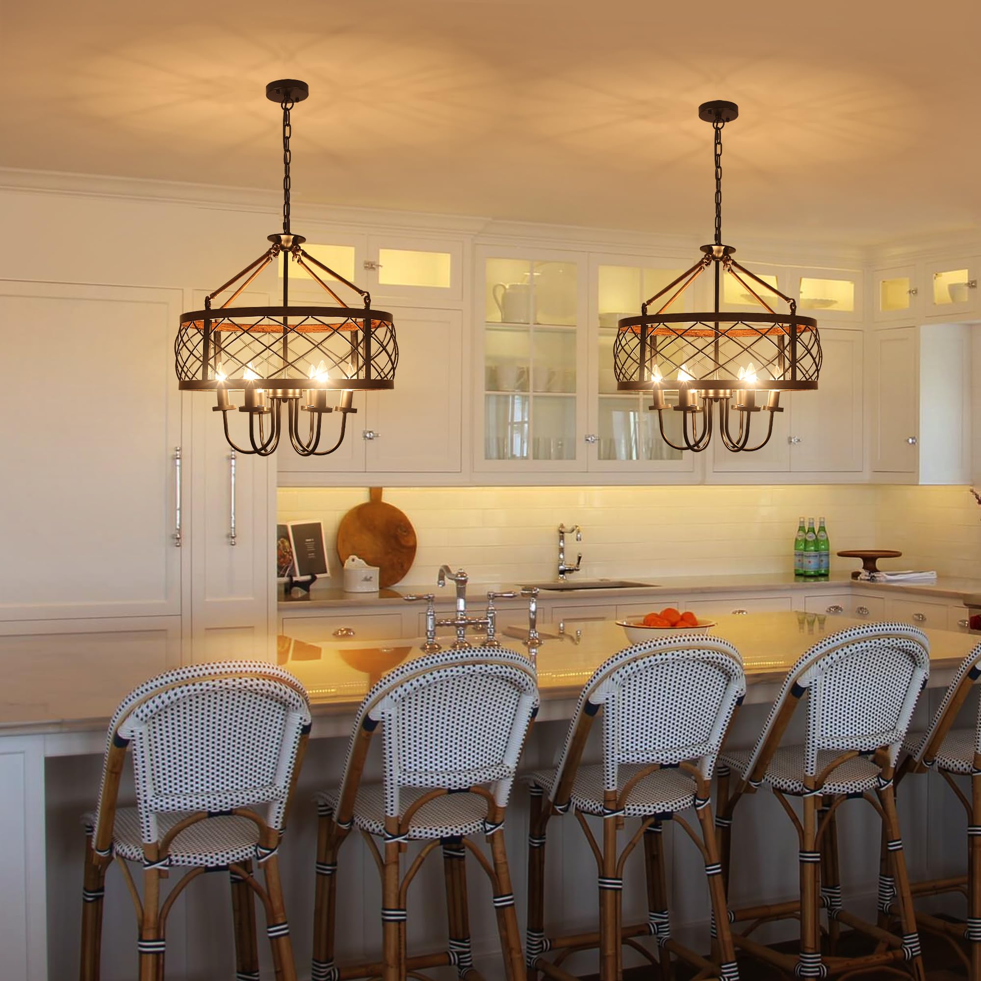 Farmhouse Chandeliers Dining Room Light Fixtures Rustic Industrial 6-Light Black Farmhouse Pendant Light For Kitchen Island Foye