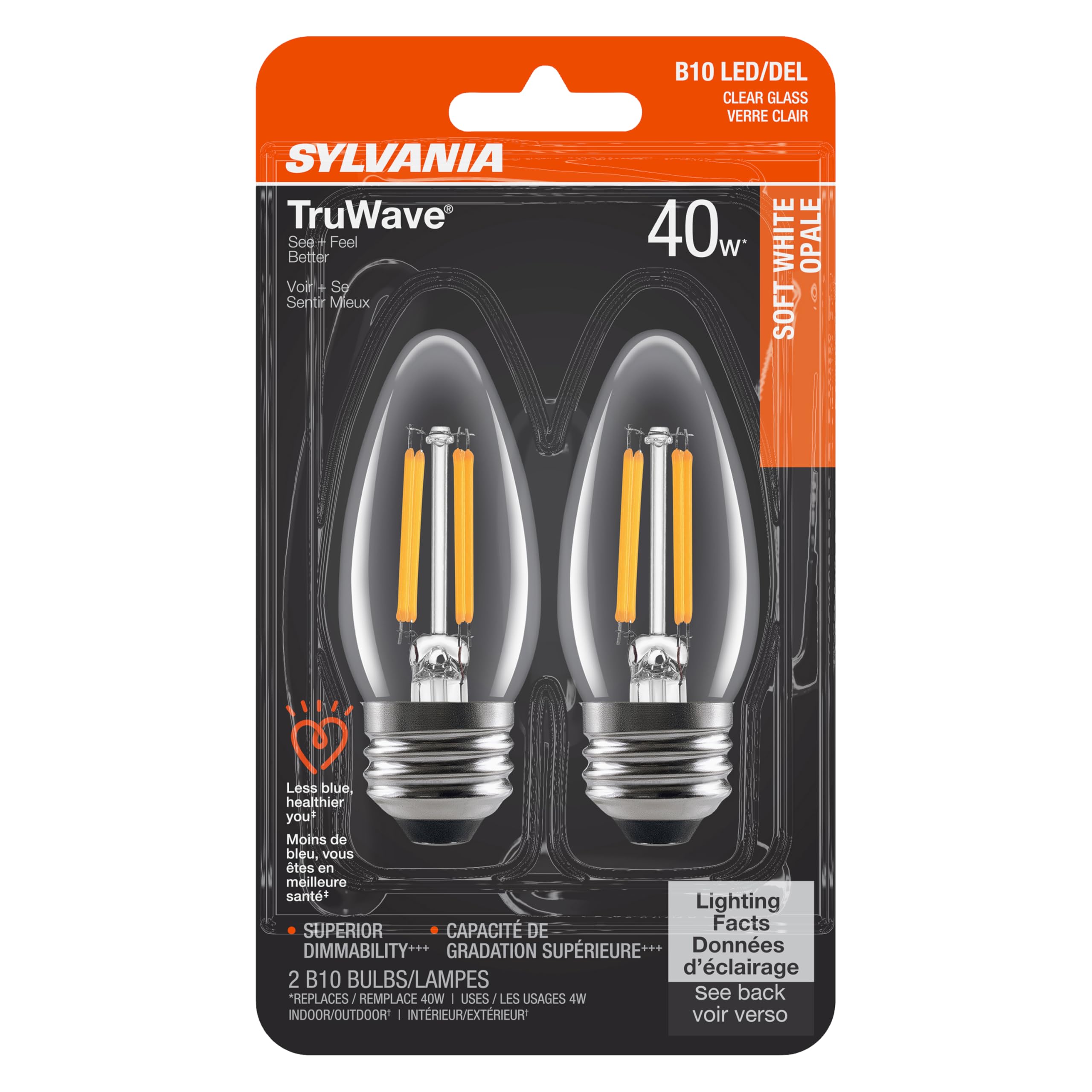 Sylvania Led Truwave Natural Series Candelabra Light Bulb, 40W Soft White Medium Base, Dimmable, Clear, Blunt Tip - 2 Pack