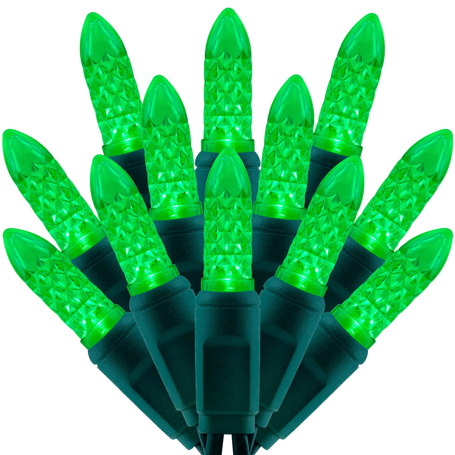 SWEET SHINE LED Christmas Lights, 33 ft Waterproof M6 Outdoor String Lights, Green Faceted, Green Cord, Model YX-M6-100-3
