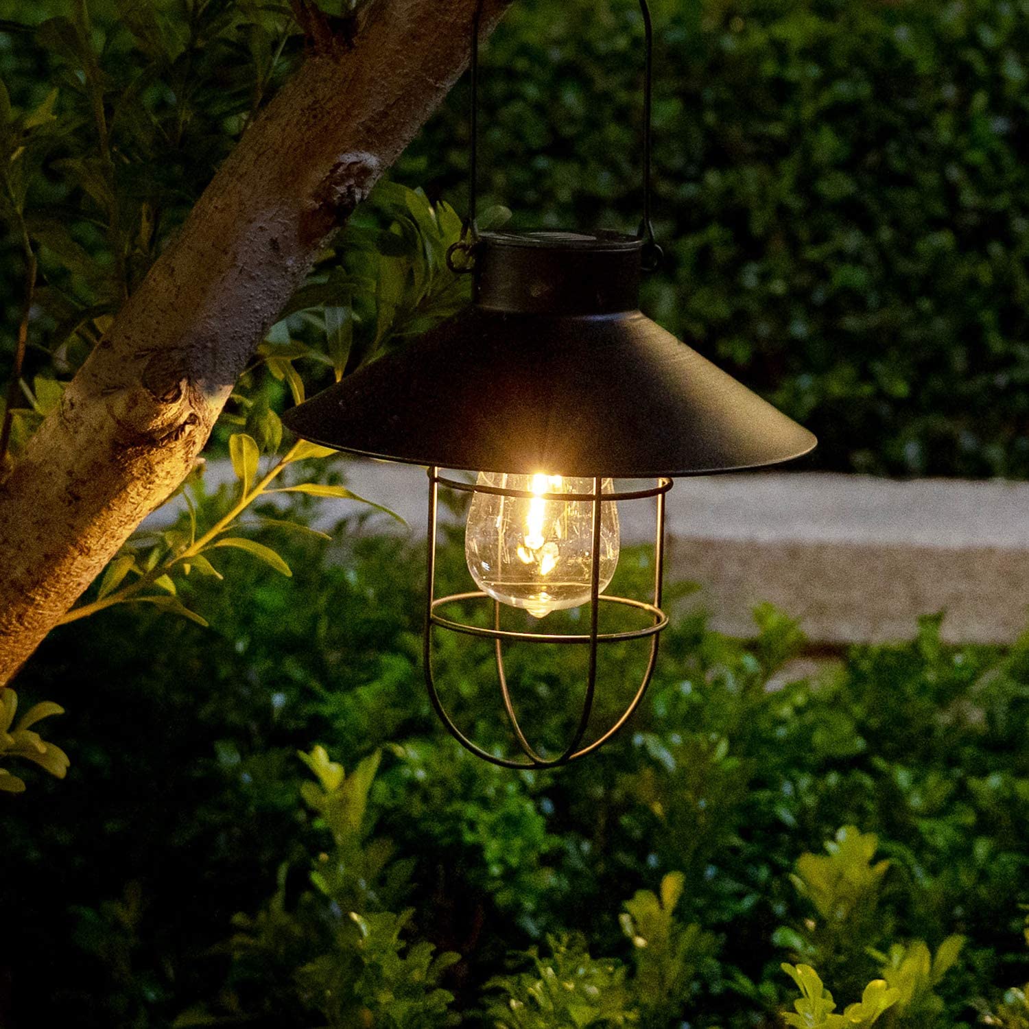 HUYIENO Solar Metal Hanging Lanterns - 2 Pack with Shepherd Hook, Outdoor LED Garden Lights, Black, Model HY1203