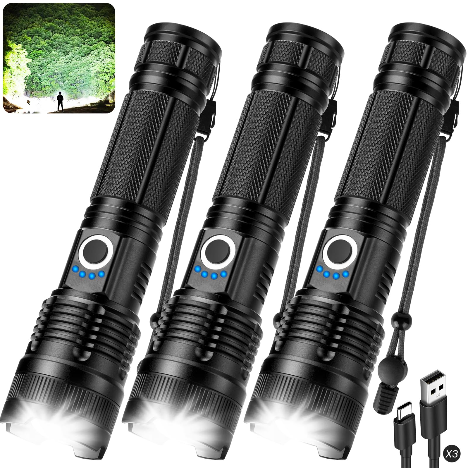 ALSTU Rechargeable Flashlight 99,000LM LED Super Bright Waterproof Handheld L-3P Black Model M082