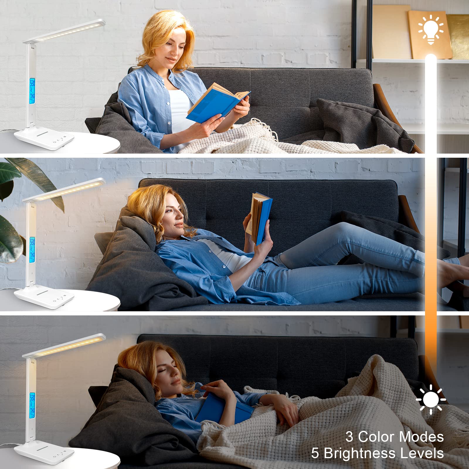 Snsok Desk Lamp With Wireless Charger, Usb Port, Dimmable Light & Clock - White