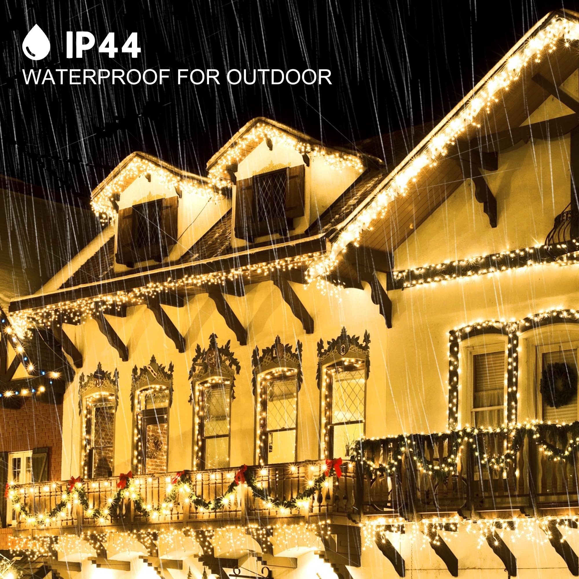 kemooie 500 LED Christmas String Lights, 164FT, Warm White, Green Wire, Waterproof, 8 Lighting Modes, Model HB-500COI