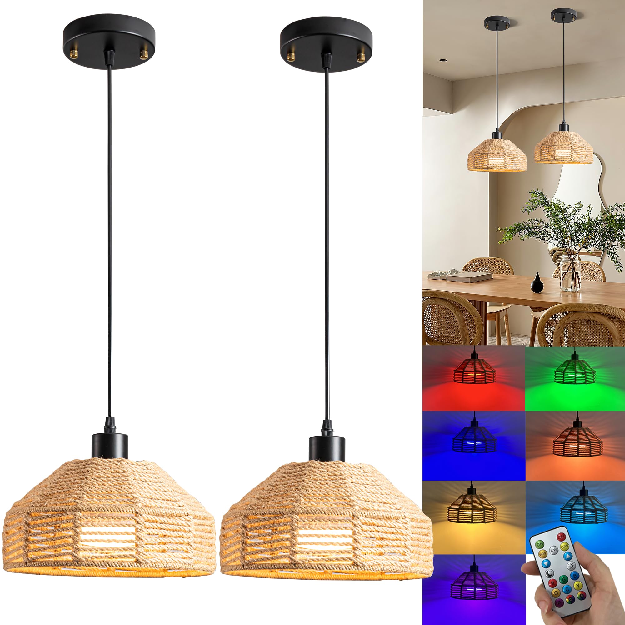 Battery Operated Pendant Light Set Of 2 Rechargeable Hanging Light 50 Hours Long Battery Life  RGB Color-Changing Chandelier Boho Woven Rattan Pendant Light Ideal For Indoor Lighting