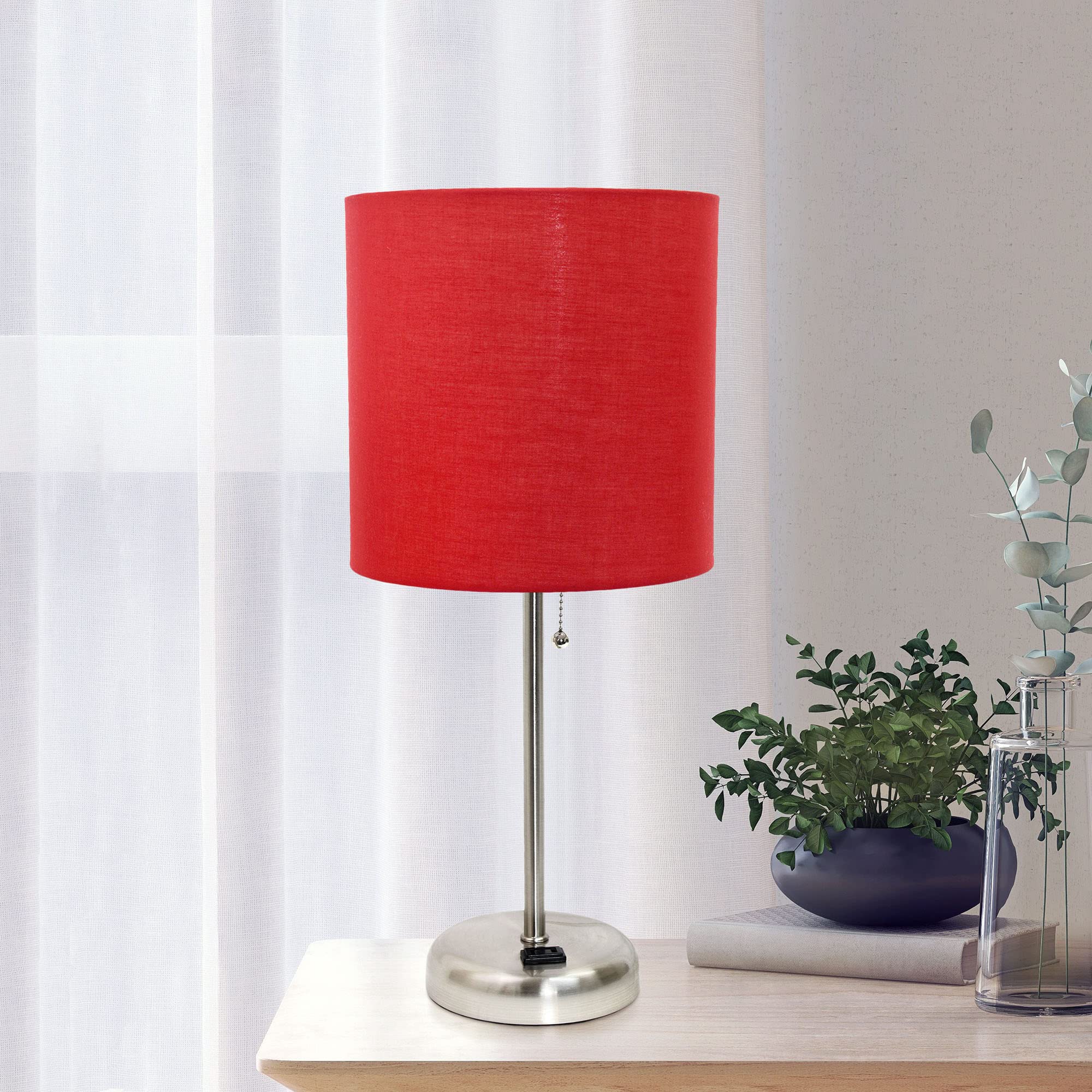 Creekwood Home 19.5&quot; Metal Table Lamp With Red Shade, Brushed Steel Finish, Contemporary Design