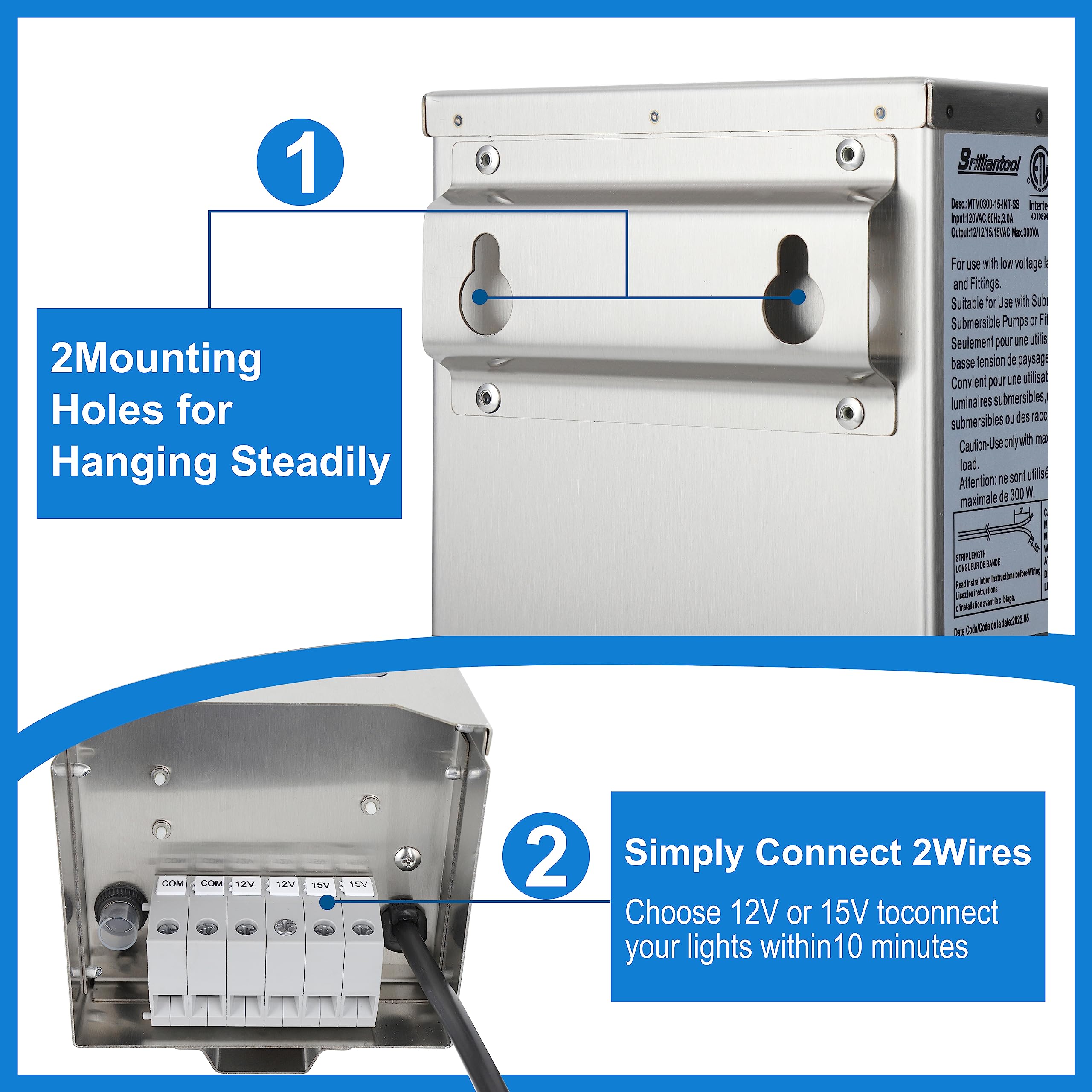 Brilliantool 300 Watt Low Voltage Landscape Transformer, 120V To 12V/15V Ac Multi-Tap Transformer,Weatherproof Stainless Steel E