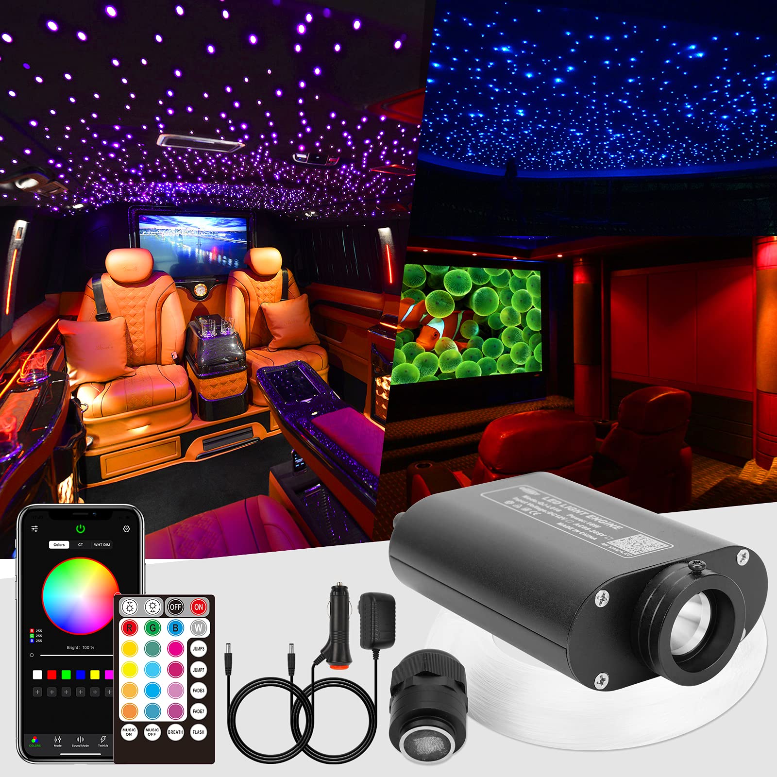 CHINLY 16W 450pcs 0.03in 9.8ft Car Use Bluetooth RGBW LED Fiber Optic APP&Remote Music Mode Star Ceiling Headliner Light Kit+Adapter+Cigarette Lighter for Car/Ceiling