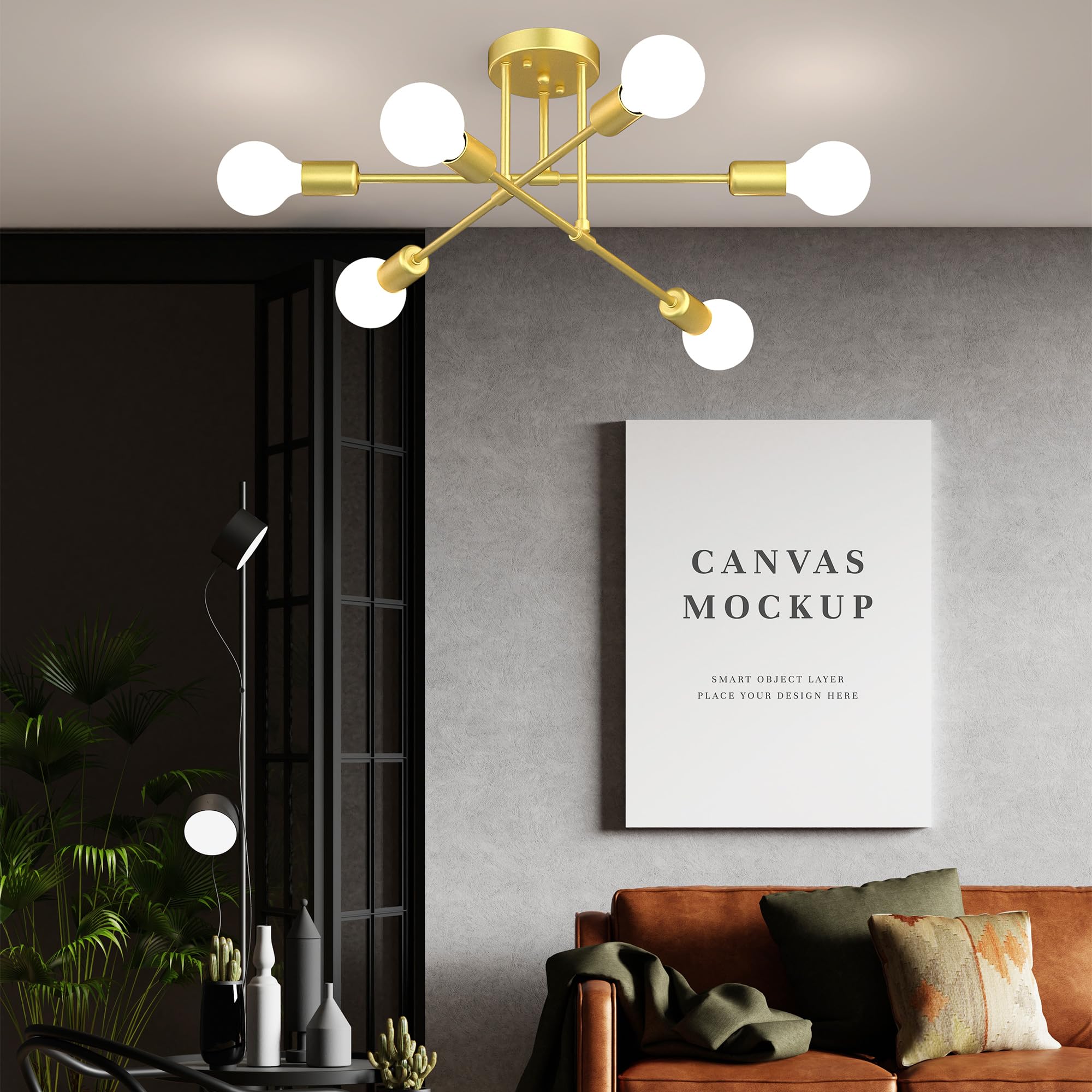 Phaosio Modern Sputnik Chandelier  6-Light 22  Semi Flush Mount Ceiling Light Fixture With E26 Base  Mid Century Industrial Lighting For Bedroom  Dining Room  Living Room-Sparkling Gold