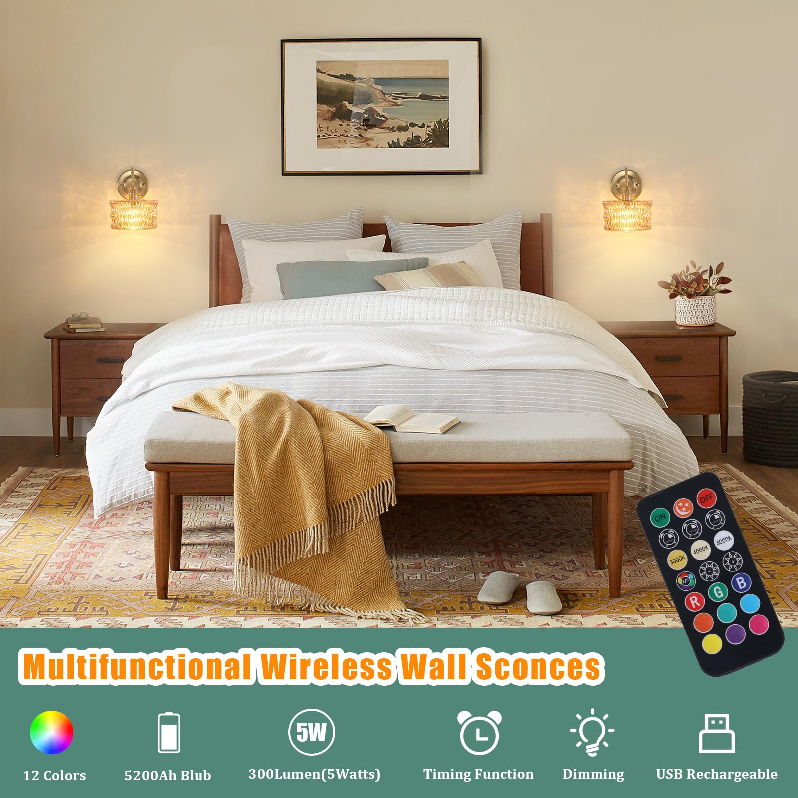 Shenmoyl Battery Operated Wall Sconce Set of 2, Vintage Amber Ripple Glass Shade, Wireless Indoor Lamp, Model 1-93753-wlamp