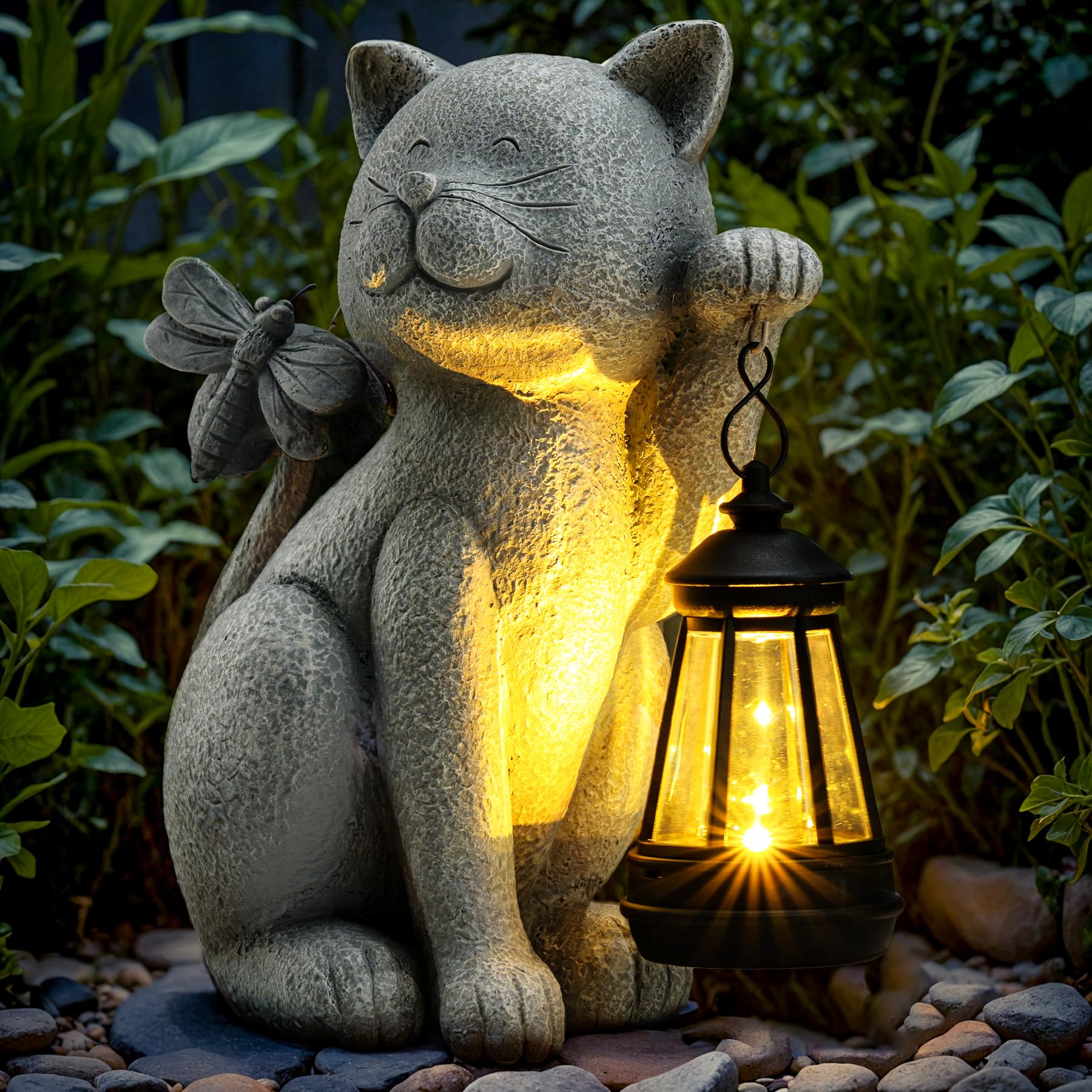 Solar Garden Outdoor Statues Cat with Solar Lantern,Outdoor Cat Figurines Decorations,Lawn Home Decor for Patio, Balcony, Yard O