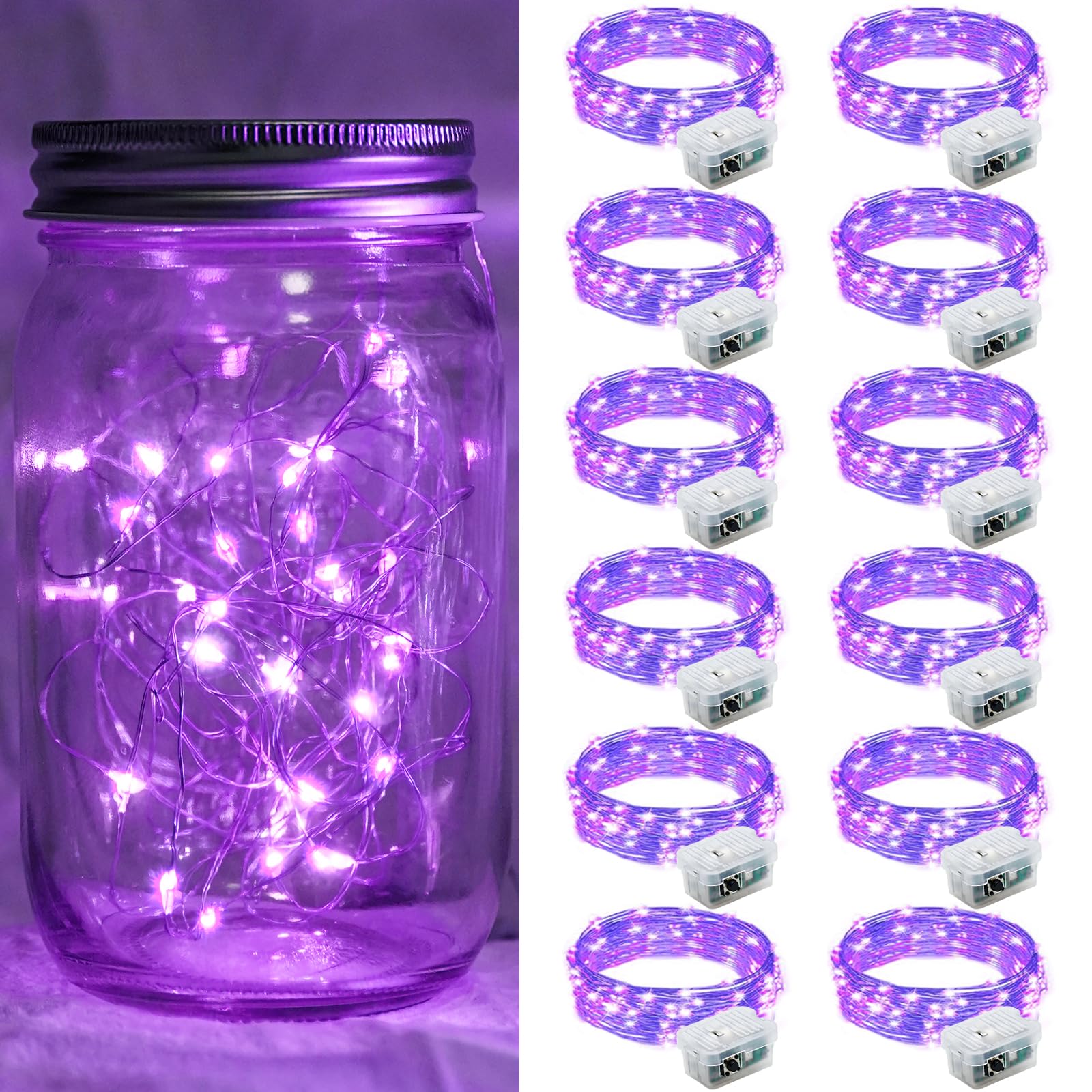 chzk 12 Pack Fairy Lights 7ft 20 LED Twinkle String Lights Battery Operated Waterproof Purple A01-Mini