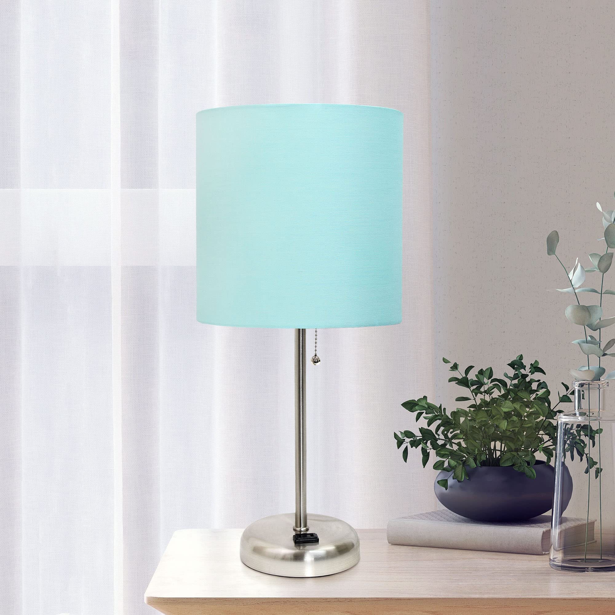 Creekwood Home Oslo 19.5&quot; Metal Table Lamp, Brushed Steel & Aqua Drum Shade